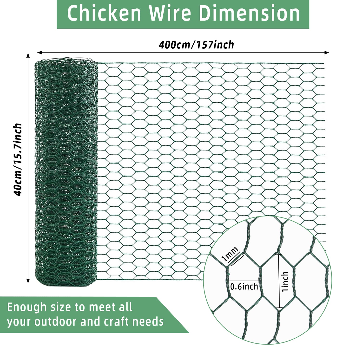 KORALAKIRI Floral Chicken Wire for Crafts, 15.7 x 157 Inch Green Mesh, PVC Coated Metal Netting Fence for Crafts, Poultry, Garden