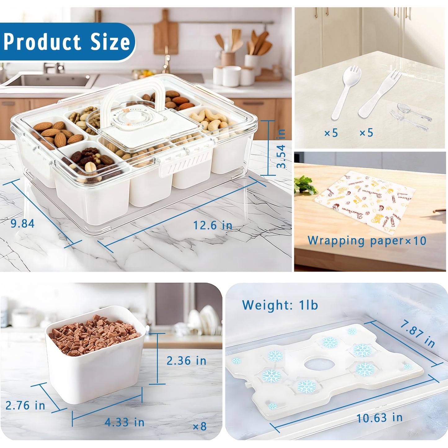 KORALAKIRI Snackle Box Container with Reusable Ice Pack, Snack Containers with 8 Divided Compartment Serving Tray & Drain Trays for Picnics, parties, Beach & Trip