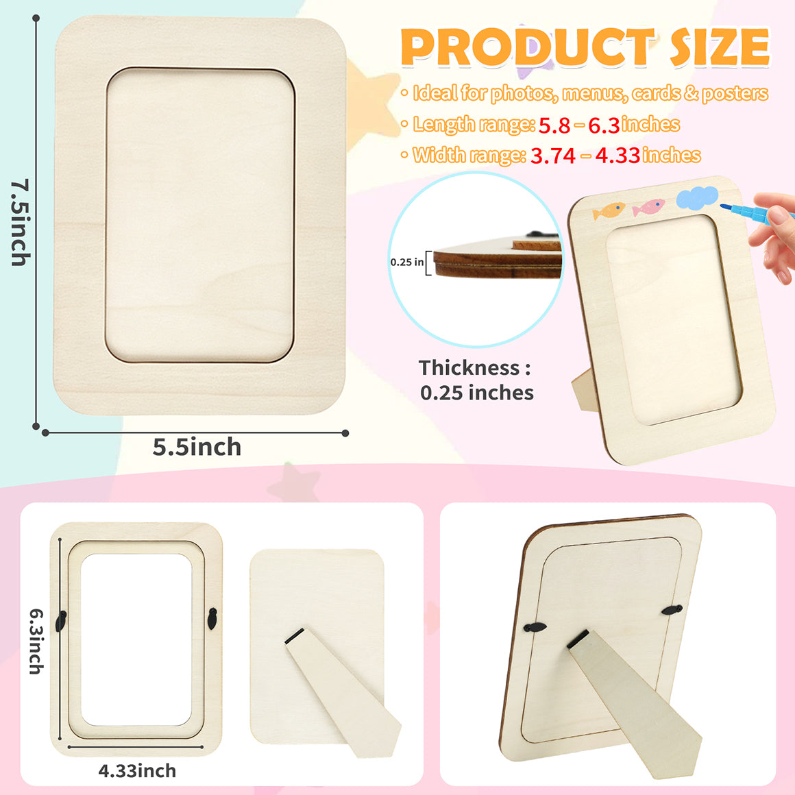 KORALAKIRI 12Pcs Wooden Picture Frames for 4x6 in Photo, DIY Wood Standing Photos Frame with 12Pcs Painting Color Pens, 4 Sheets Crystal Diamond Stickers Craft Kit