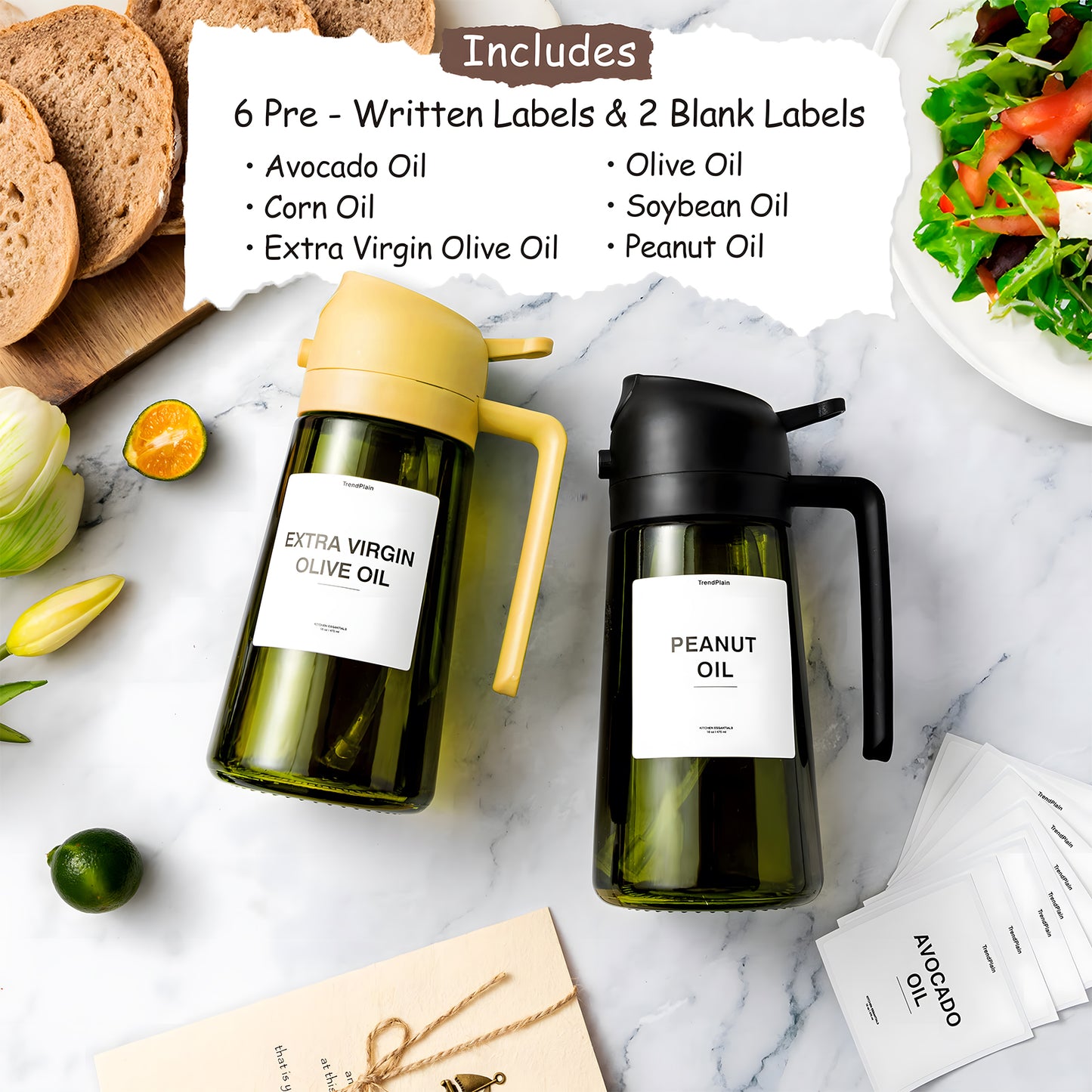 KORALAKIRI 2 in 1 Oil Sprayer for Cooking, 16oz/470ml Glass Food-grade Olive Oil Spray Bottle Dispenser Mister Spritzer with Pourer for Kitchen, Salad, Frying, BBQ (Black & Orange)