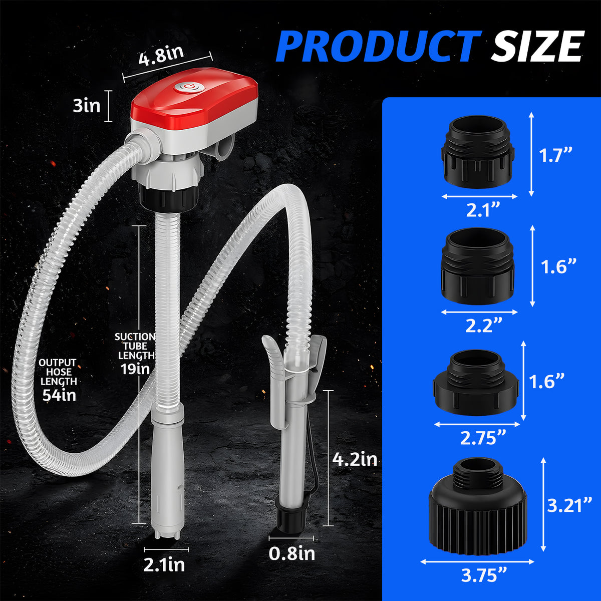West Bay Automatic Electric Fuel Transfer Pump with Auto-Stop, 3.8GPM & 54" Hose & 4 Size Adapters Gas Can Pump with Leak Protection for Gasoline, Diesel, Kerosene, Gifts for Men Dad Him