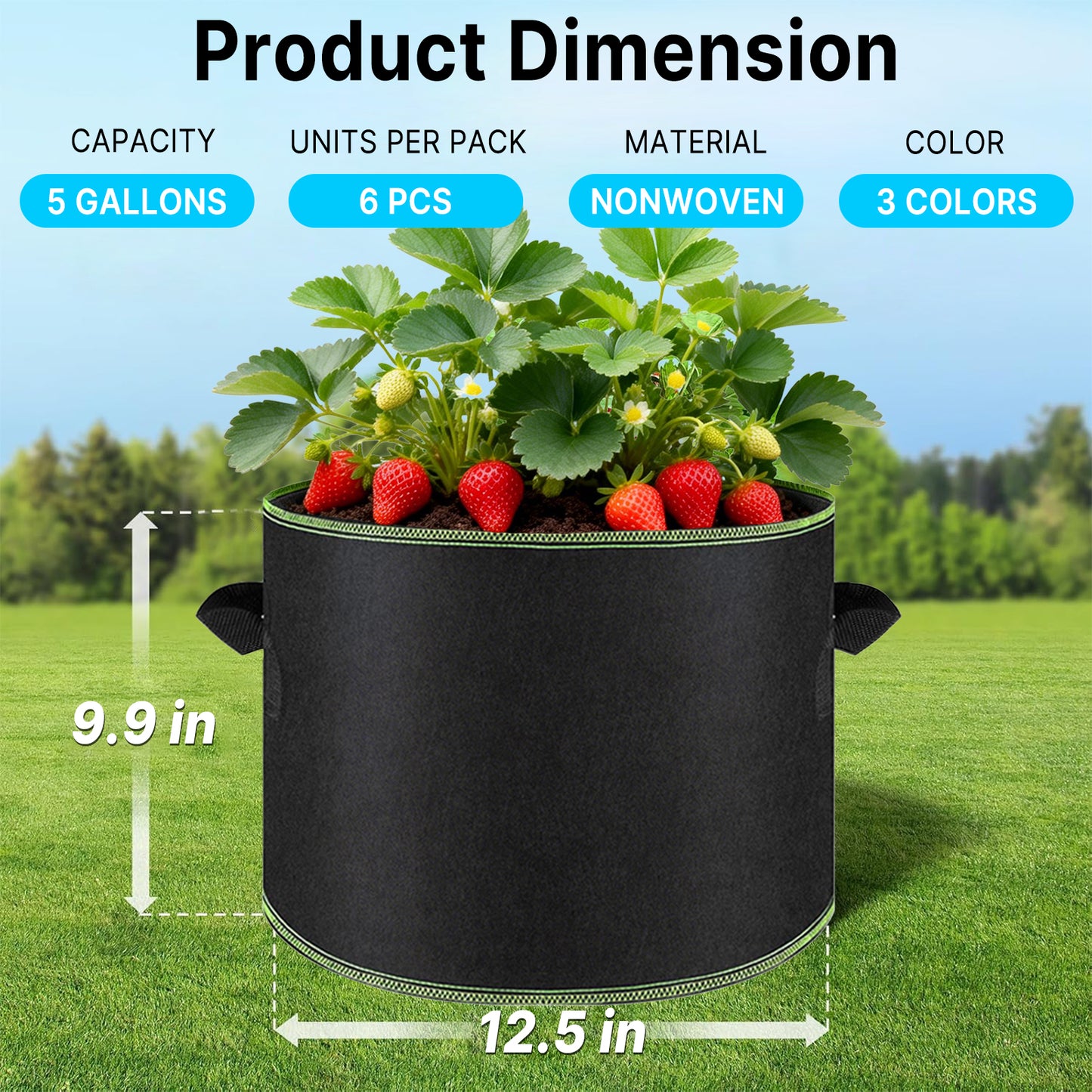 KORALAKIRI 6 Pack 5 Gallon Grow Bags Heavy Duty 300G Thickened Nonwoven Plant Fabric Pots with Handles for Tomato, Potato and Vegetable