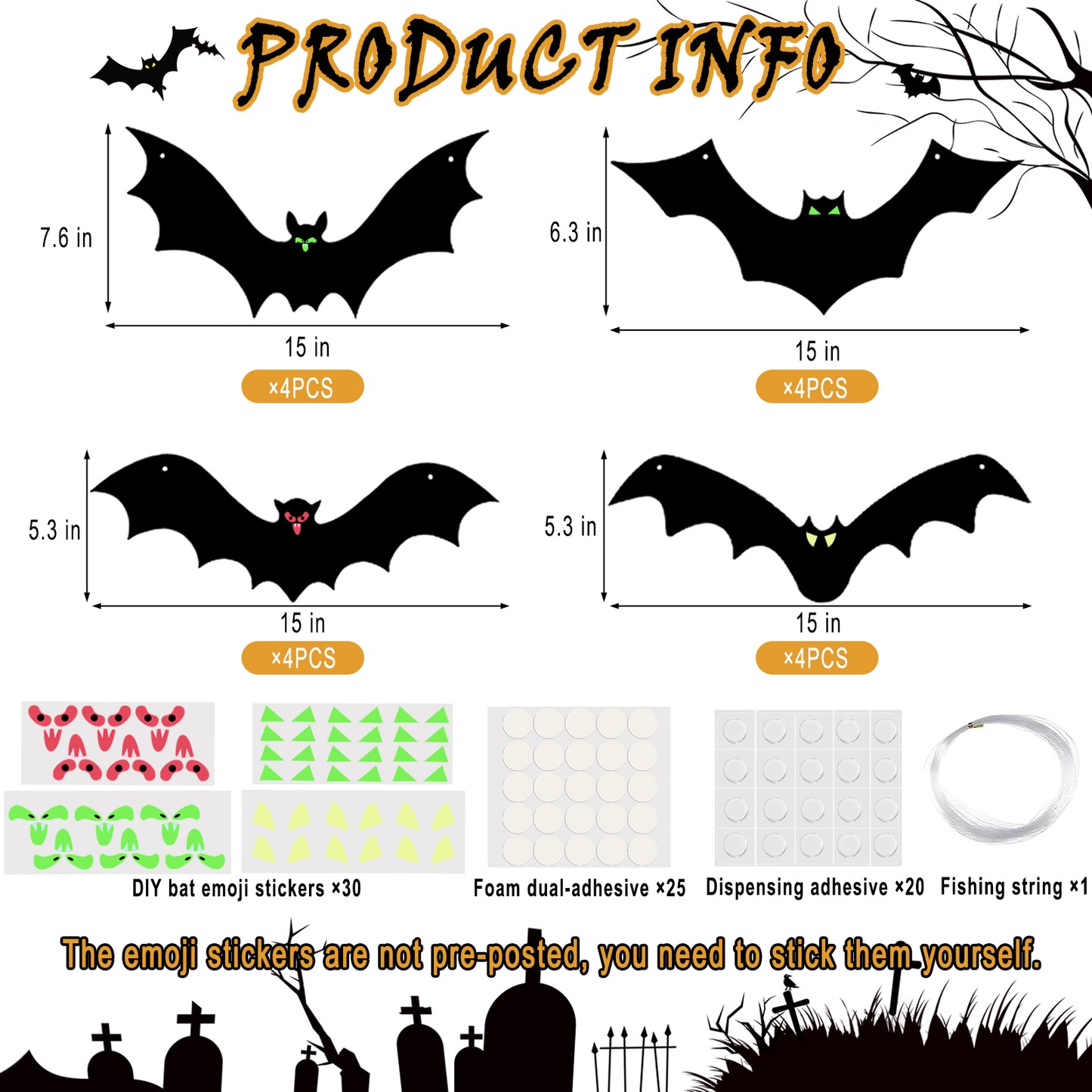 KORALAKIRI 16 Pcs Halloween Hanging Bats Decorations Outdoor, Waterproof Black Bat with Glowing Eyes for Front Door Yard Tree Halloween Hanging Decorations Outside