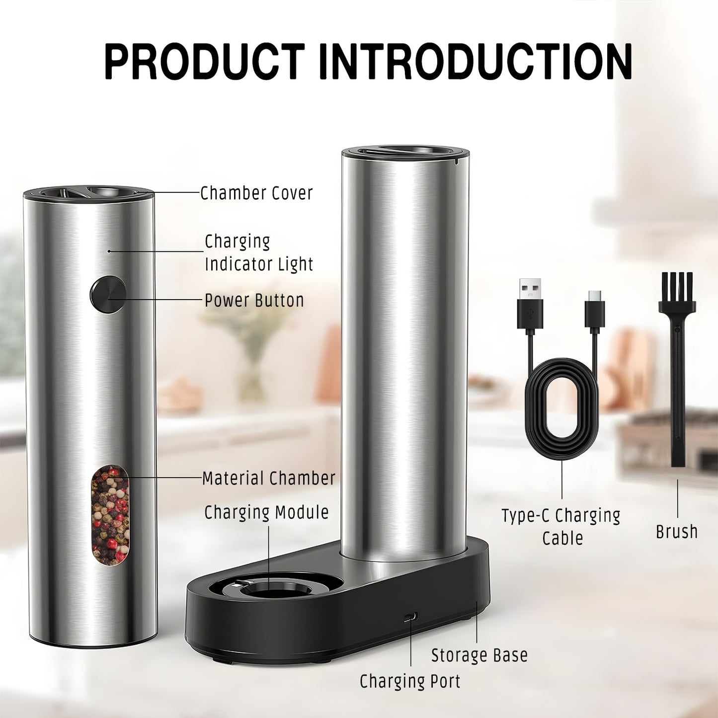 KORALAKIRI Electric Salt and Pepper Shakers Grinder Set with Rechargeable Base, Refillable Automatic Pepper Mill with LED Light & Adjustable Coarseness for Kitchen, Outdoor, BBQ & Gift Giving