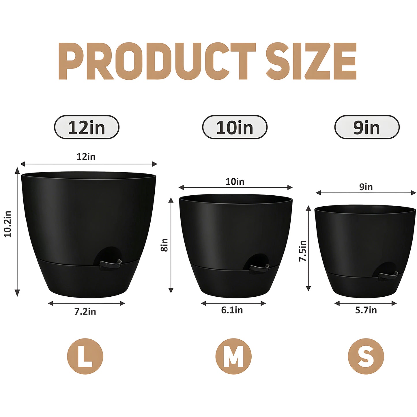 West Bay 12" 10" 9" Large Self Watering Plant Pots, 3 Pack Flower Pots Planters with Multi Mesh Drainage Holes for Indoor Outdoor Garden Plants and Flowers (All BLACK)