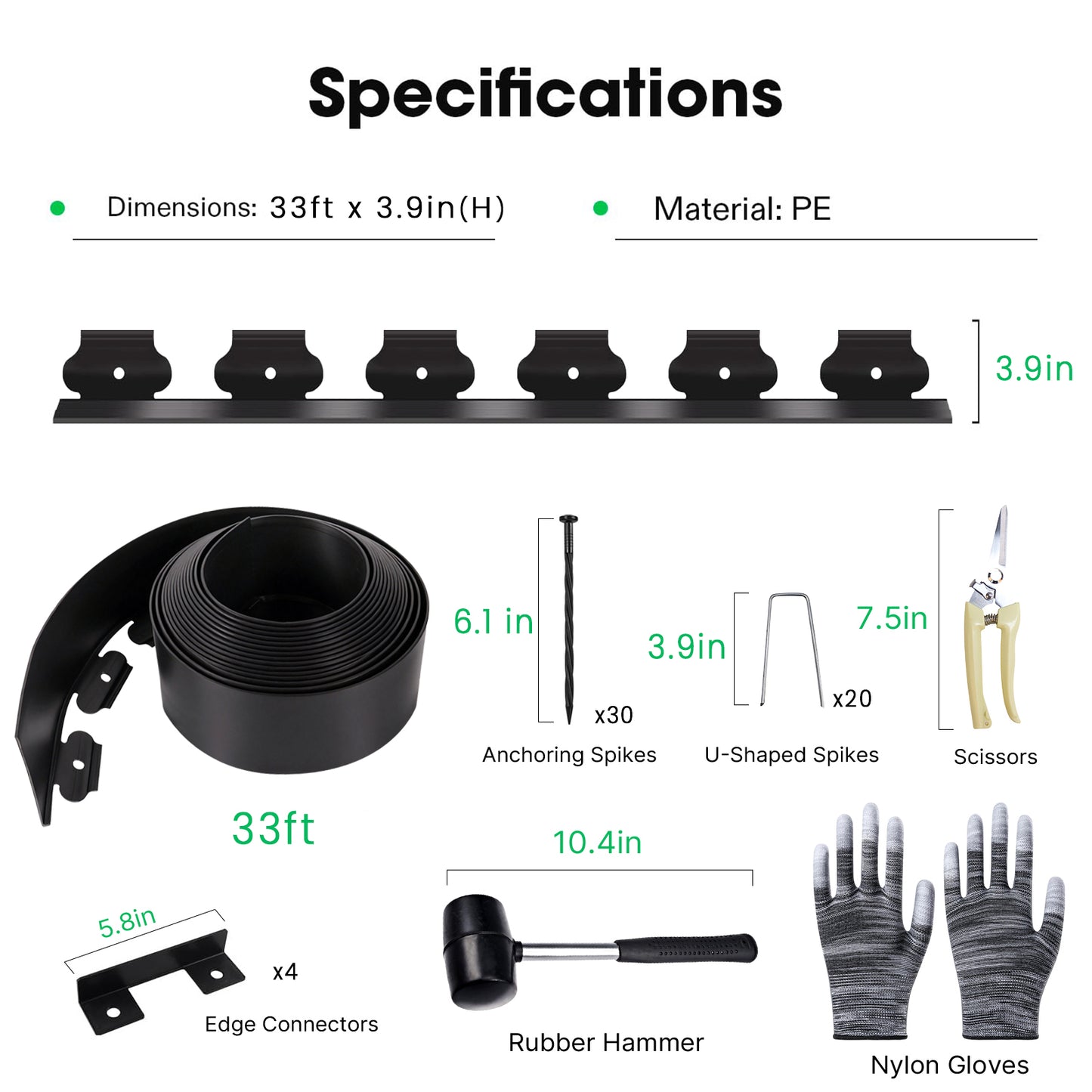 KORALAKIRI Landscape Edging Kit, 33ft Garden Edging Border 3.9 Inch Tall with 50 Pcs Spikes, Edging for Landscaping, Garden, Black