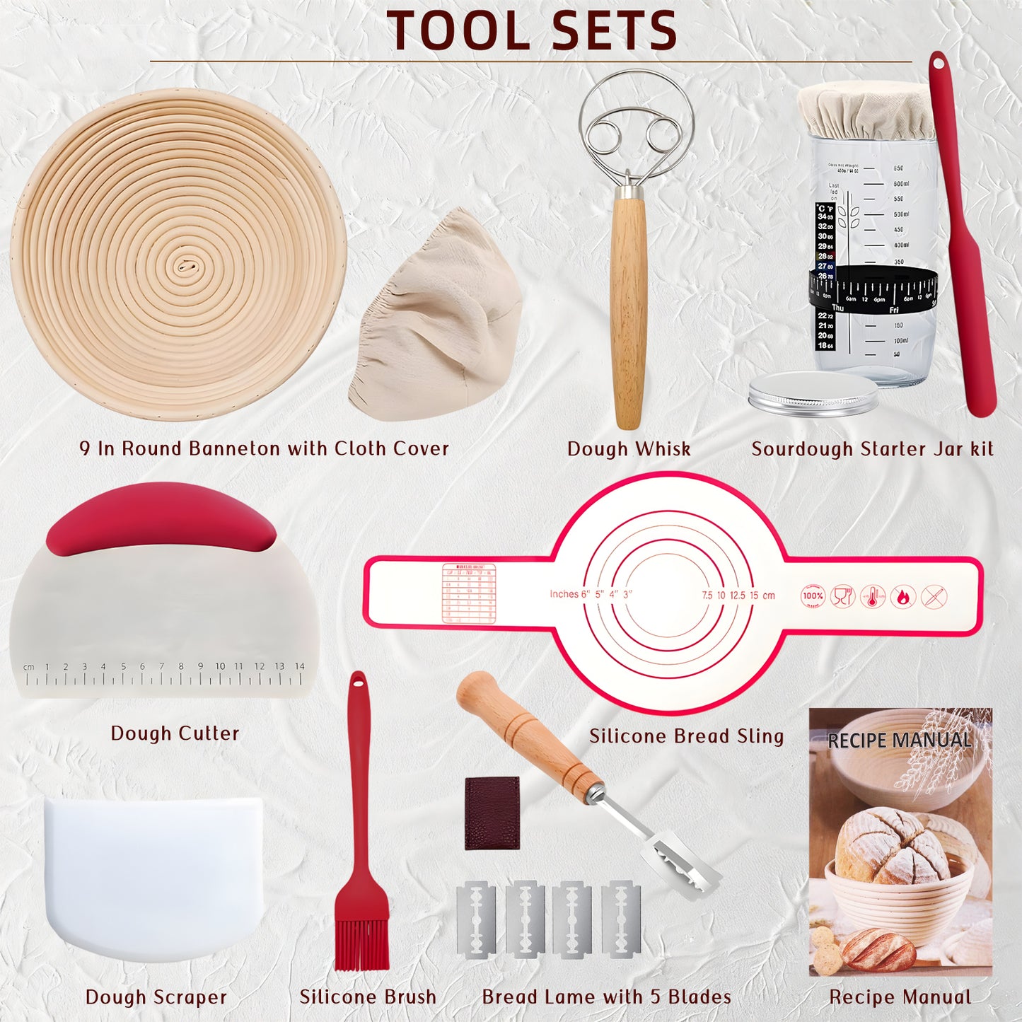 KORALAKIRI 16pcs Sourdough Starter Kit, 9'' Banneton Bread Proofing Basket Set with Glass Sourdough Starter Jar, Sourdough Bread Baking Supplies Tools for Bakers Women Wife