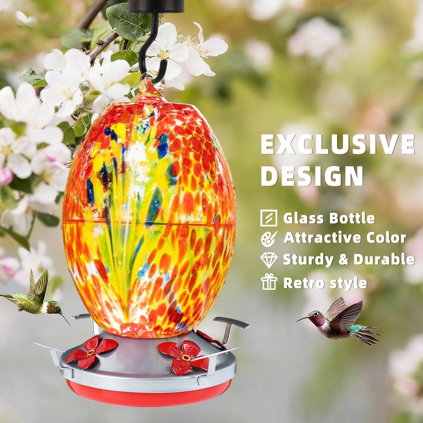KORALAKIRI Glass Humming Bird Feeders for Outdoors, 27OZ Hand Blown Glass Hummingbird Feeder - Unique Gift for Mom Women Grandparents, Outdoors Hanging Garden Decor, Includes Ant Moat & Brush, 1 Pack
