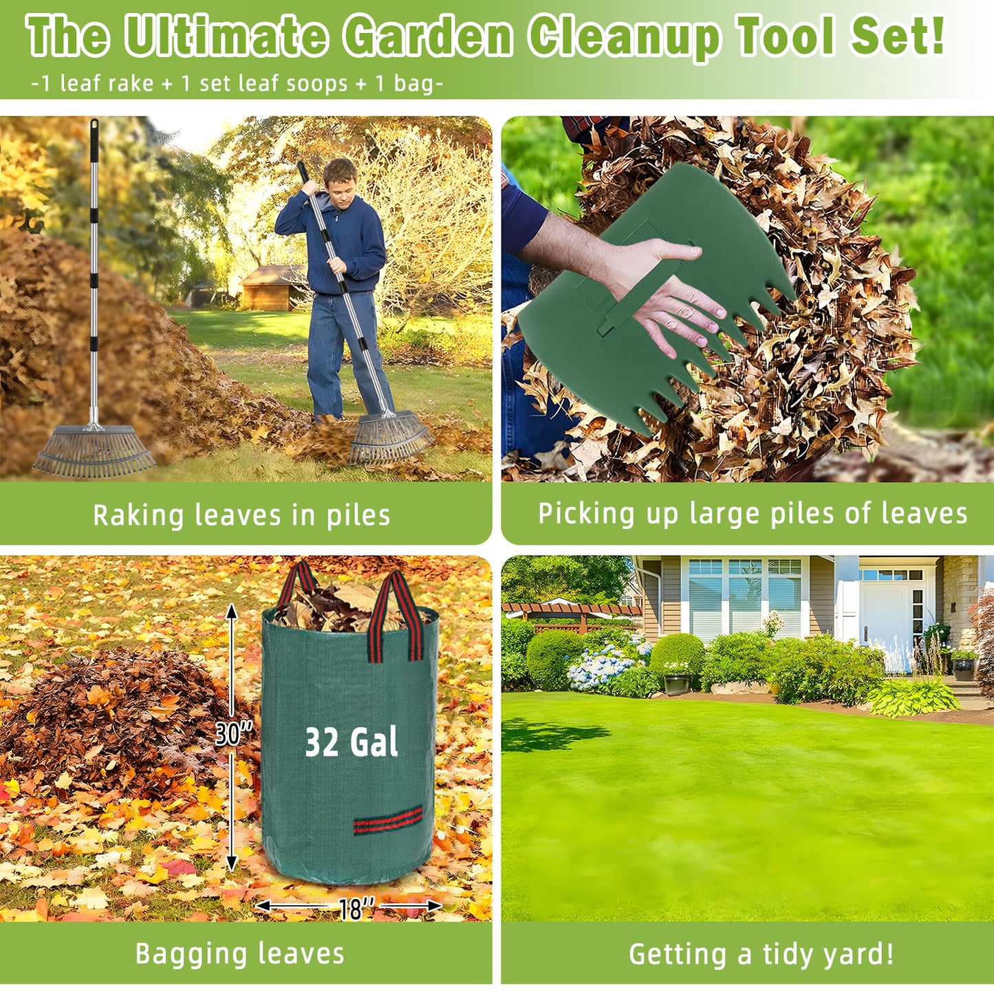 West Bay 56" Rake for Leaves, 25 Tines Heavy Duty Adjustable Metal Rake Set with Leaf Scoops & Collector Bag, 3-in-1 Leaf Collection Tool for Lawns,Grass, Shrubs, Flower Beds