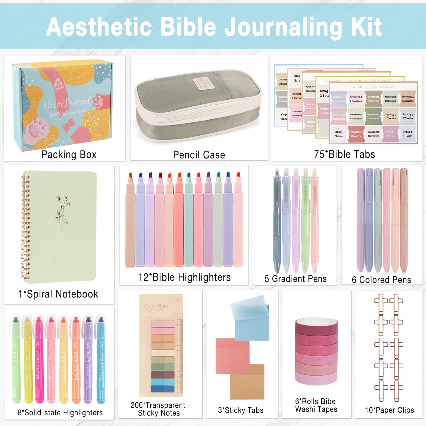 KORALAKIRI 33Pcs Bible Journaling Kits, Bible Study Supplies with Bible Case, No Bleed Highlighter Pens, Bible Journal Accessories, Cute Spiral Notebook Stationary Set for Women Gifts