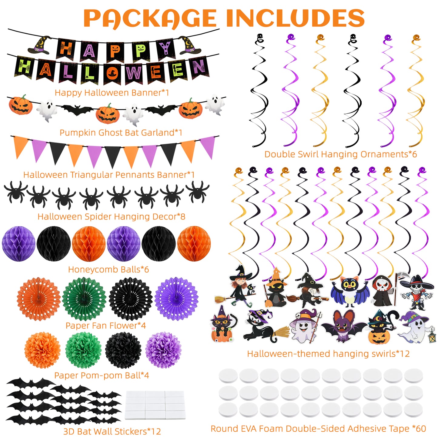 KORALAKIRI Halloween Party Decorations Happy Halloween Banner Honeycomb Balls Paper Fans Hanging Swirls Triangle Garland for Indoor Home Office Class School Party Supplies