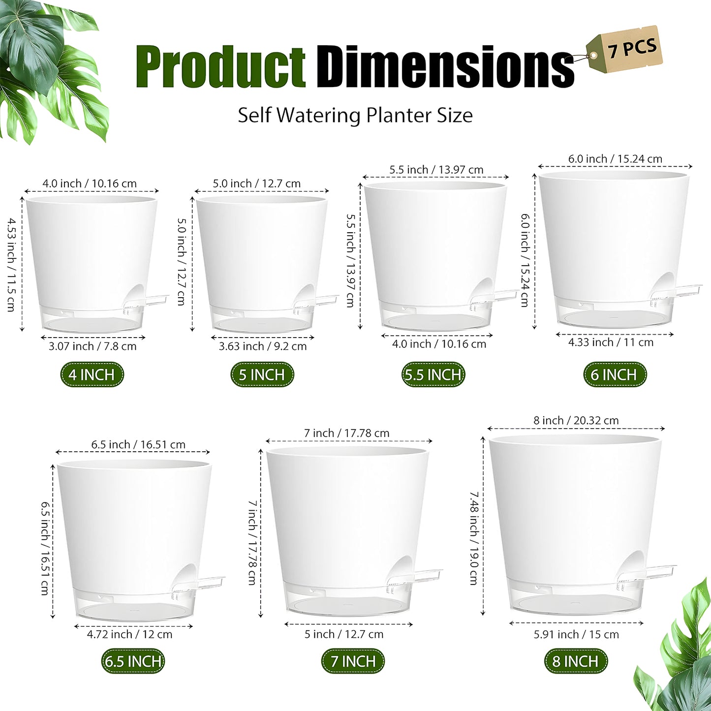 West Bay 7-Pack Self Watering Pots for Indoor Plant, Flower Pot with Drainage Holes and Clear Saucers, 4/5/5.5/6/6.5/7/8 Inch, White