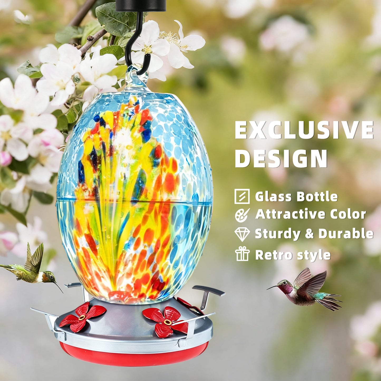 KORALAKIRI Glass Hummingbird Feeders, 27OZ Hummingbird Feeder for Outdoors Hanging ant and Bee Proof, Humming Birds Feeders for Outside-Blue