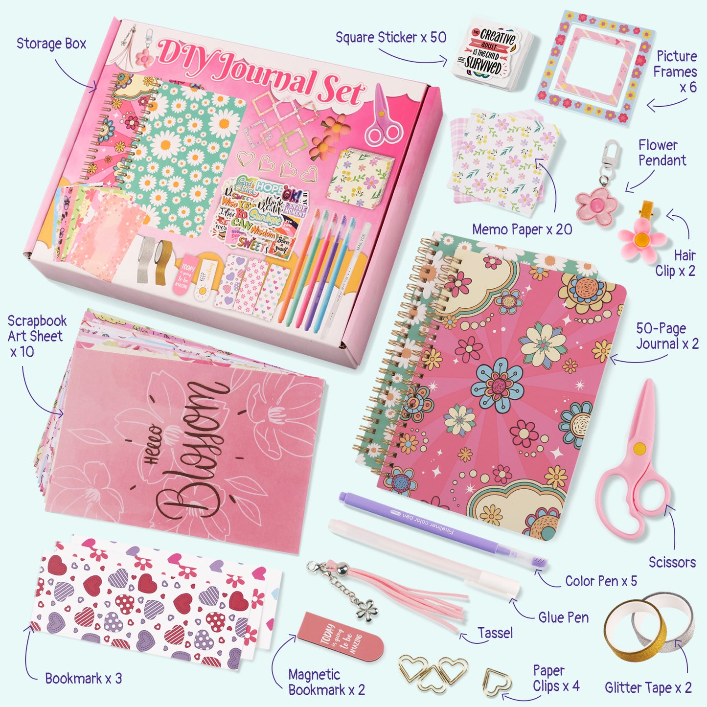 KORALAKIRI 2 Pack DIY Journal Kit for Girls, Scrapbook Supplies, Journaling Stationery Set, Diary Stuff, Birthday Gifts for 8-14 Year Old Teenage Kids