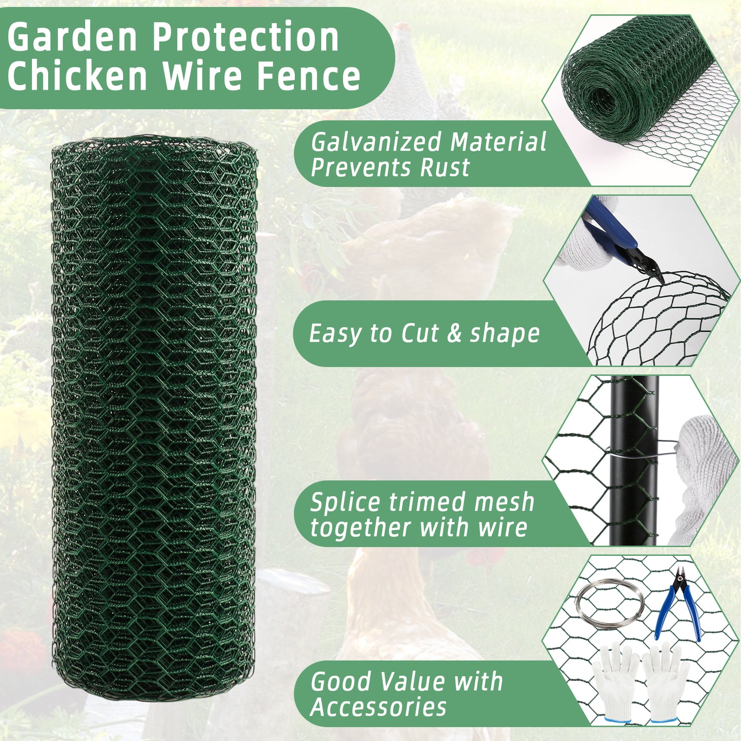 KORALAKIRI Floral Chicken Wire for Crafts, 15.7 x 393.7 Inch Green Mesh, PVC Coated Metal Netting Fence for Crafts, Poultry, Garden