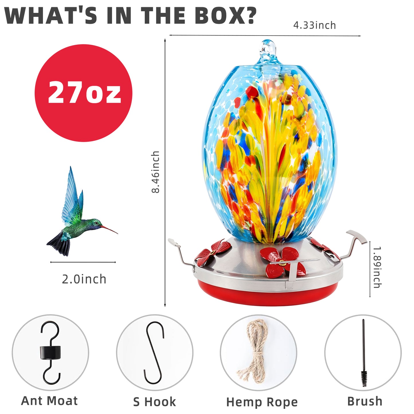 KORALAKIRI Glass Hummingbird Feeders, 27OZ Hummingbird Feeder for Outdoors Hanging ant and Bee Proof, Humming Birds Feeders for Outside-Blue