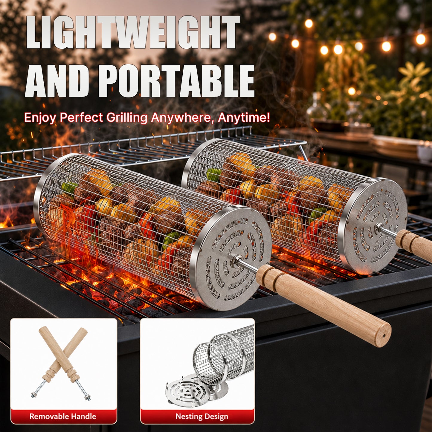 KORALAKIRI 2Pcs Rolling Grill Baskets with Removable Wooden Handle, Grilling Accessories, BBQ Net Tube Baskets for Veggies, Shrimp, Meat, Father' Day Gifts for Men Dad Husband