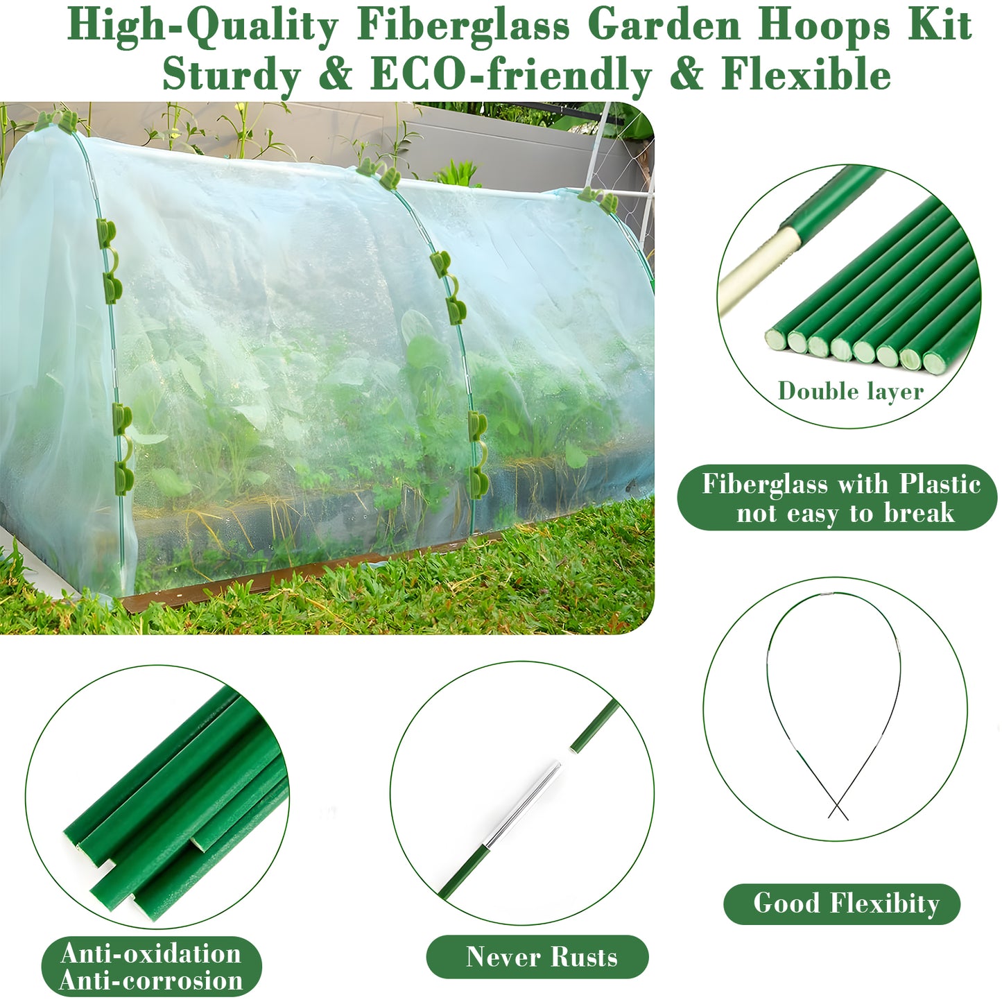 KORALAKIRI 36pcs Garden Greenhouse Hoops for Raised Beds, Grow Tunnel with Rust-Free Coated Fiberglass, Detachable DIY Plant Hoops Support Frame Stakes for Bird Netting, Row Covers