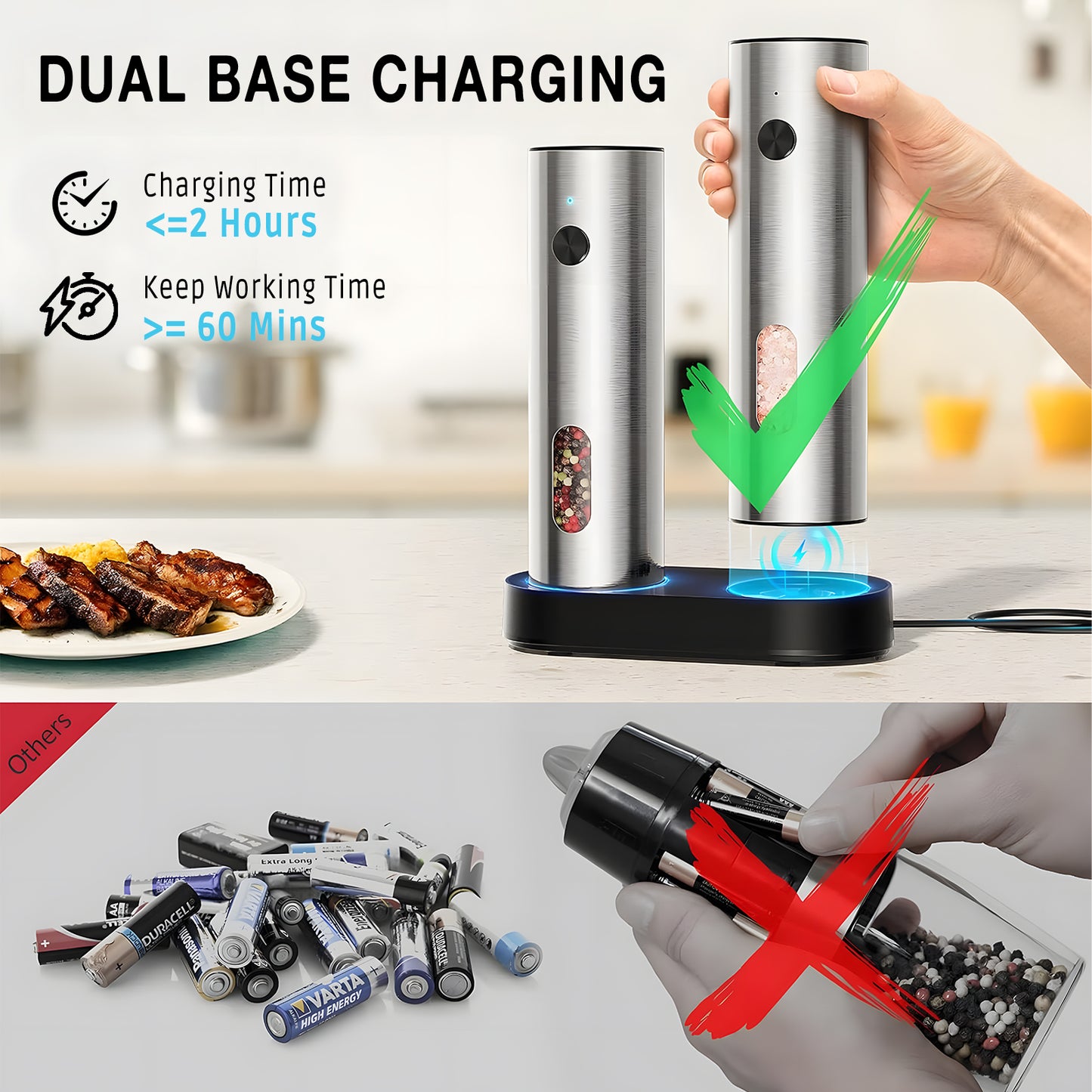 KORALAKIRI Electric Salt and Pepper Shakers Grinder Set with Rechargeable Base, Refillable Automatic Pepper Mill with LED Light & Adjustable Coarseness for Kitchen, Outdoor, BBQ & Gift Giving
