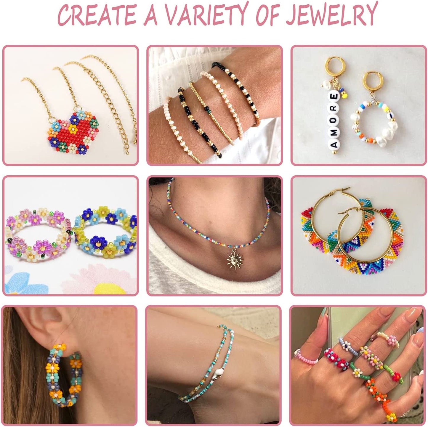 CandWuom 40000+ 2mm Glass Seed Beads for Bracelet Jewelry Making Kit, 48 Colors Glass Beads Kit for Teen Girl Gifts, Small Seed Beads for Necklace Ring Making Kit with Pendants