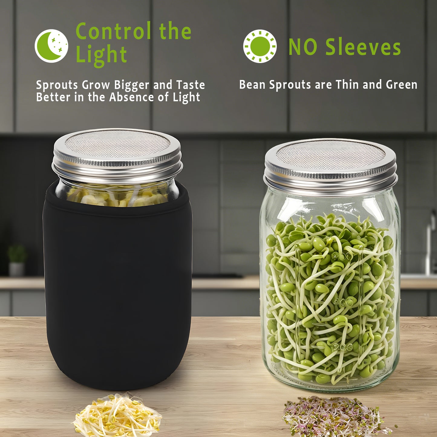 KORALAKIRI 2 x 32oz Sprouting Jar Growing Kits, Seed Sprouter Set, Wide Mouth Jars with Screen Sprout Lids & Stands, Blackout Sleeves, Drain Tray for Growing Broccoli, Bean, Alfalfa