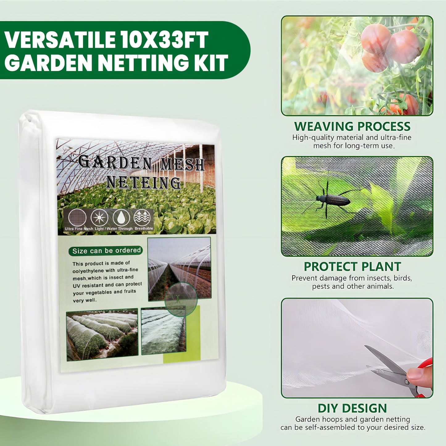 KORALAKIRI Garden Netting Kit, 10x33FT Ultra Fine Mesh Netting, 6 Sets of Fiberglass Garden Hoops for Raised Beds, Vegetable Plants Fruits Tree Flowers Birds Animals Barrier