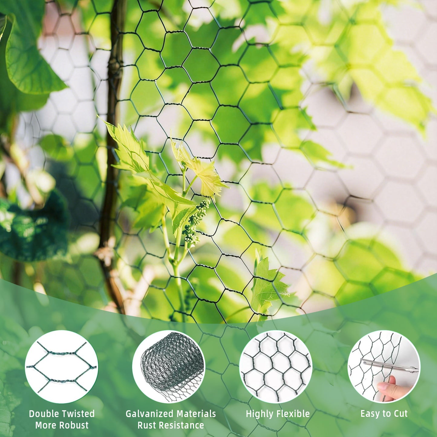 KORALAKIRI Floral Chicken Wire for Crafts, 15.7 x 157 Inch Green Mesh, PVC Coated Metal Netting Fence for Crafts, Poultry, Garden