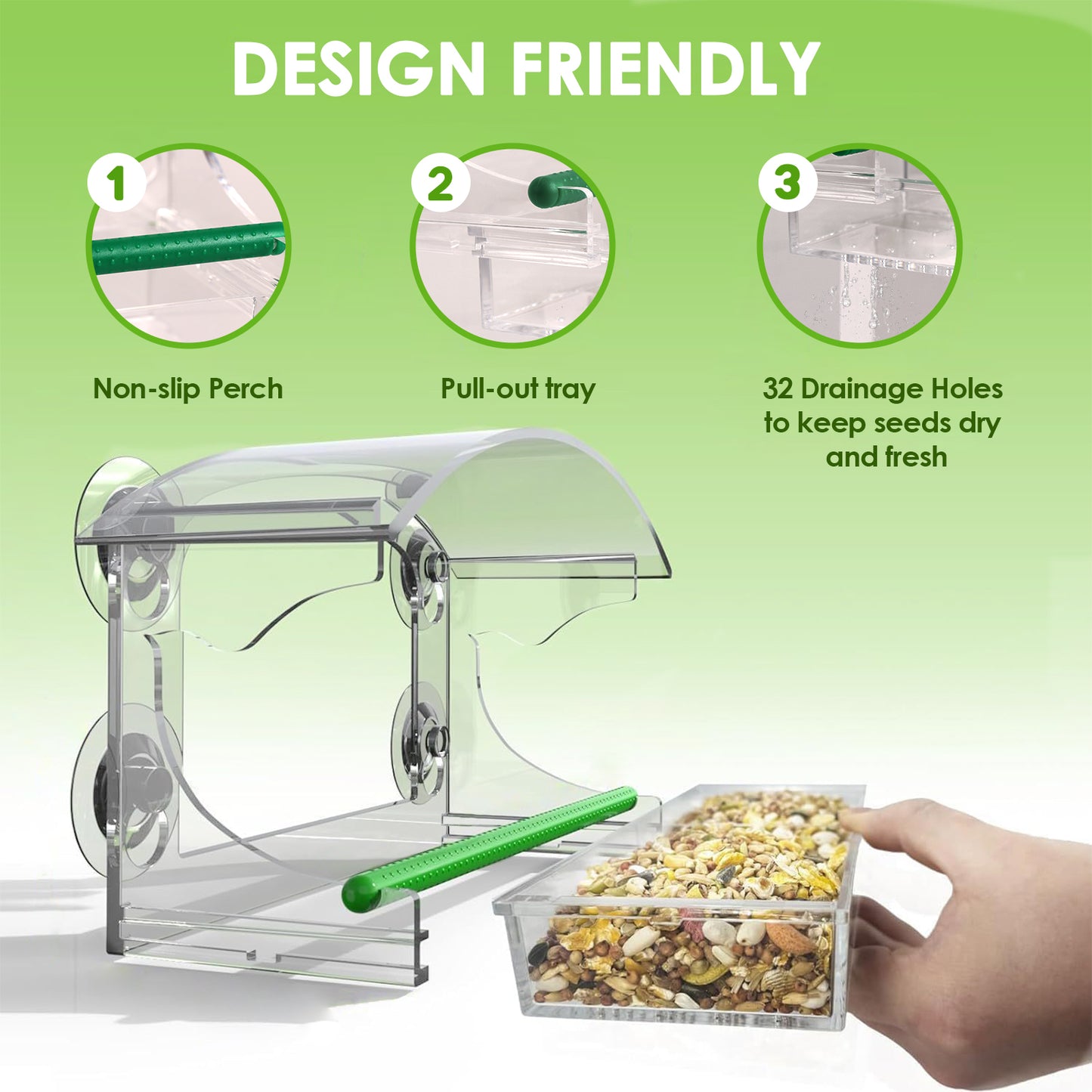 KORALAKIRI Window Bird Feeder - Transparent Acrylic Bird Feeders for Outdoors - Enhanced Suction Cups, Bird Watching for Cats, Easy-to-Clean, Outdoor Birdhouse Feeder