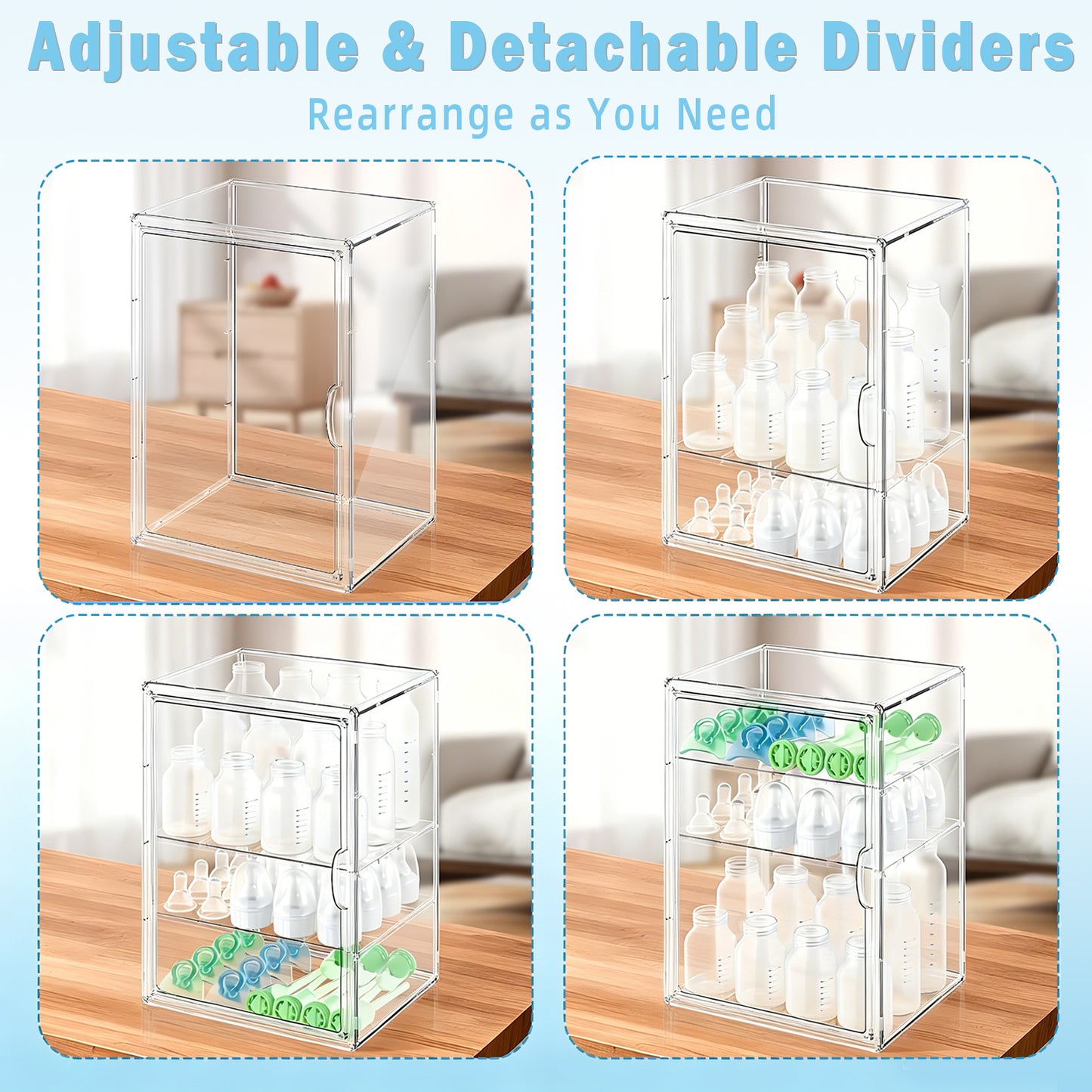 KORALAKIRI Baby Bottle Storage Organizer, Adjustable Clear Acrylic Makeup Storage Station, Case Box Container with 2 Removable Dividers and Magnetic Door for Countertop, Cabinet,Vanity, Bathroom