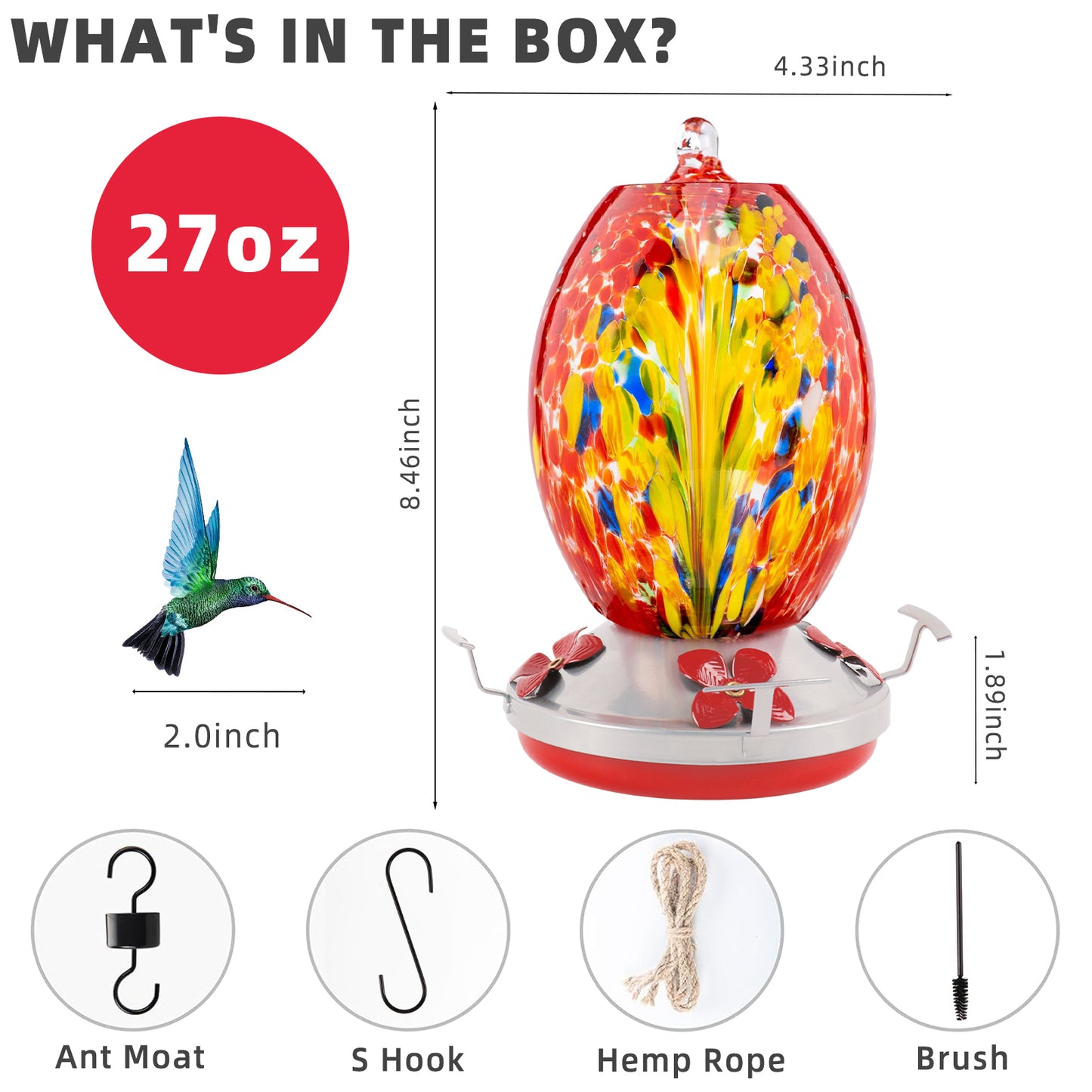 KORALAKIRI Glass Humming Bird Feeders for Outdoors, 27OZ Hand Blown Glass Hummingbird Feeder - Unique Gift for Mom Women Grandparents, Outdoors Hanging Garden Decor, Includes Ant Moat & Brush, 1 Pack