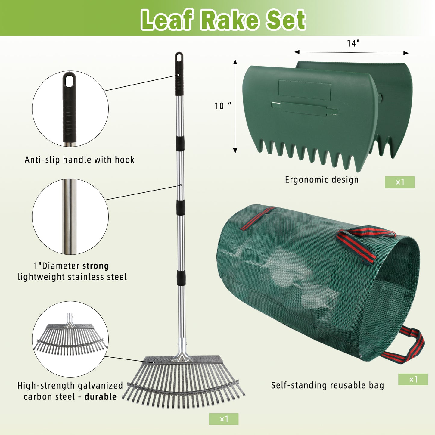 West Bay 56" Rake for Leaves, 25 Tines Heavy Duty Adjustable Metal Rake Set with Leaf Scoops & Collector Bag, 3-in-1 Leaf Collection Tool for Lawns,Grass, Shrubs, Flower Beds