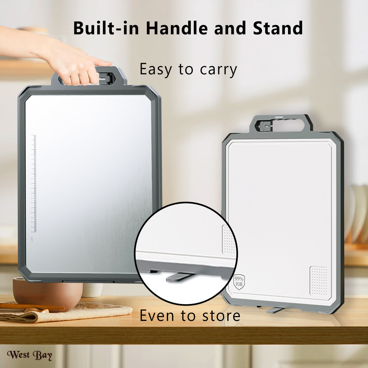 West Bay Stainless Steel Glass Cutting Board - Large 17 x 12 Inch Cutting Board with Handle & Knife Sharpener | Dishwasher Safe Double-Sided Chopping Board, Non-Slip PP Base by West Bay