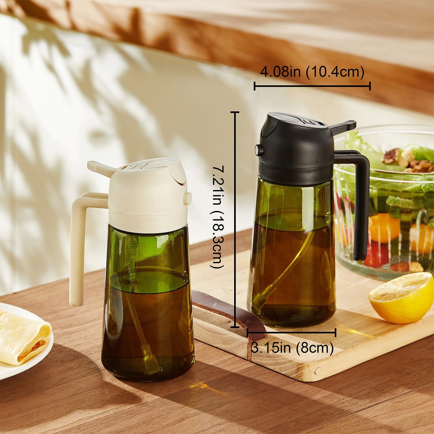 KORALAKIRI Oil Dispenser, 2 in 1 Oil Sprayer for Cooking, 16oz/470ml Glass Food-grade Olive Oil Spray Bottle Mister with Pourer for Kitchen, Salad, Frying, BBQ (Black & White)