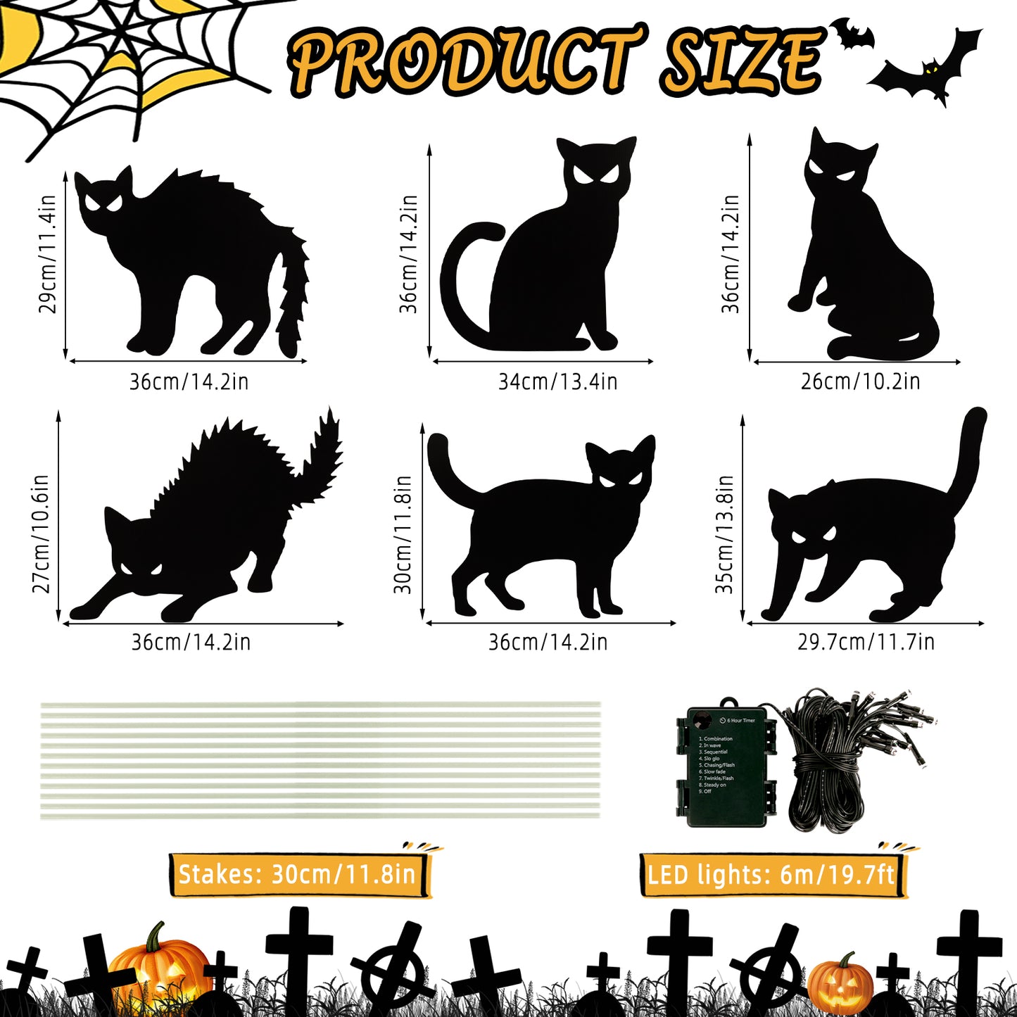 KORALAKIRI 6 pack Halloween Decorations Outdoor, Black Cat with LED Lights for Garden Lawn,Halloween Yard Signs Stakes Scare Cat for Outdoor