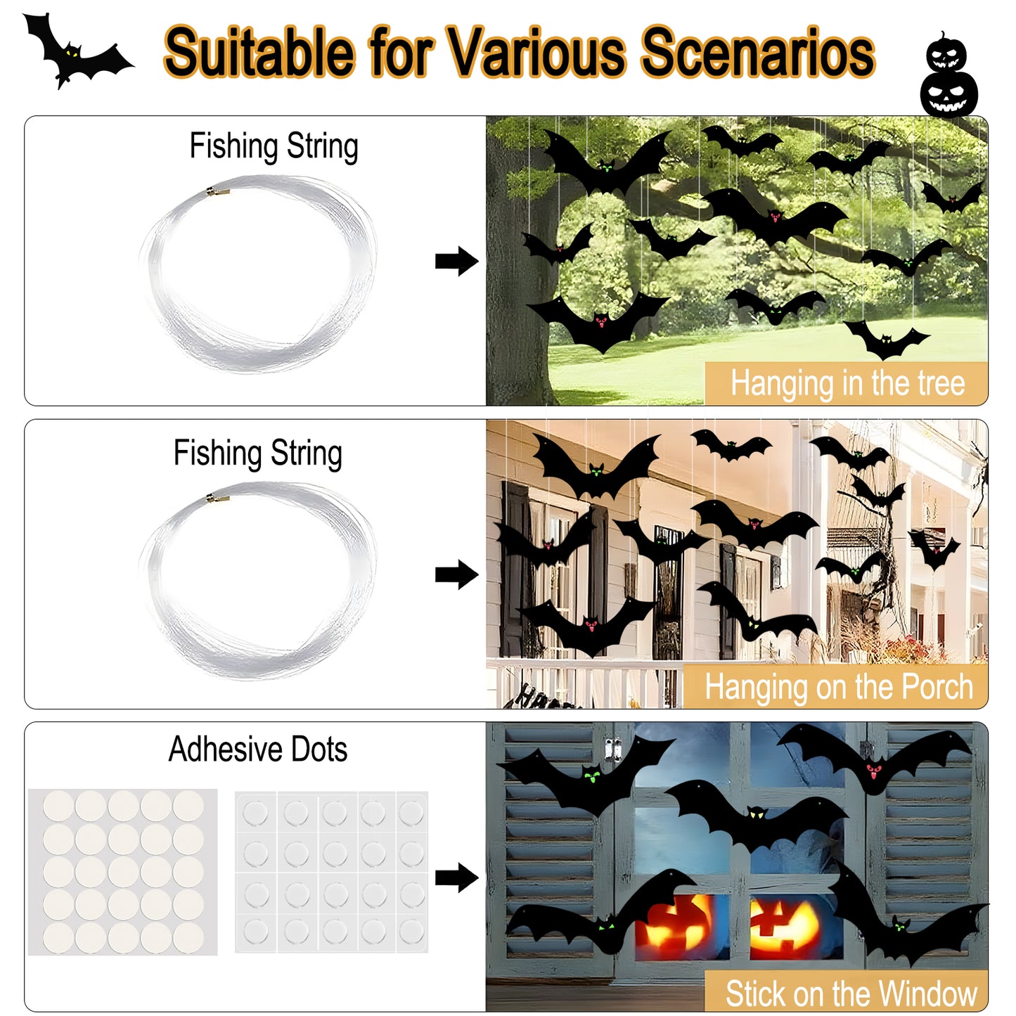 KORALAKIRI 16 Pcs Halloween Hanging Bats Decorations Outdoor, Waterproof Black Bat with Glowing Eyes for Front Door Yard Tree Halloween Hanging Decorations Outside