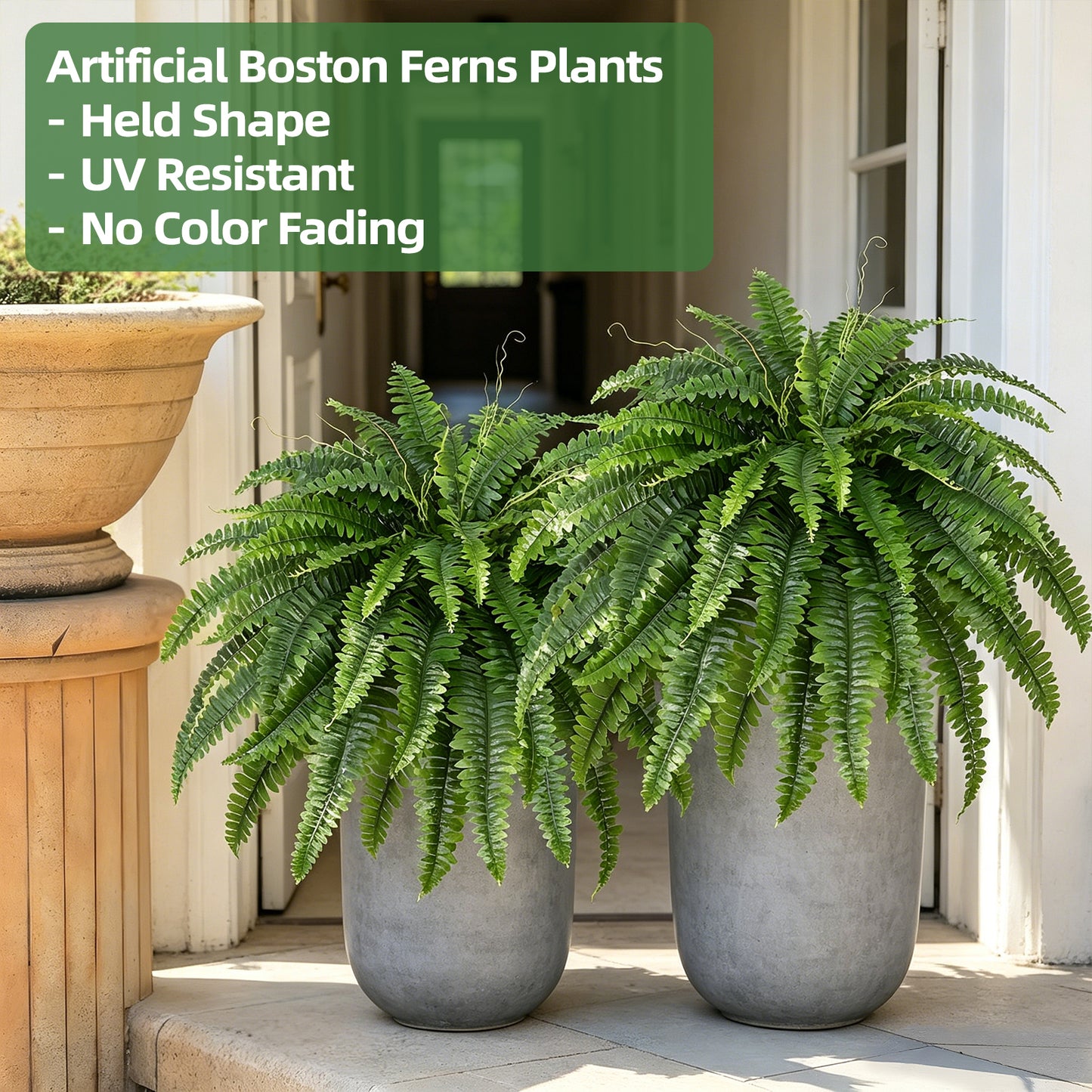 Artificial Boston Fern Bush- Set of 2 Large Artificial Ferns for Outdoors, 45Inch Large Faux Ferns, Suitable for Office & Living Room Decor, 60Branches for Each Bouquet