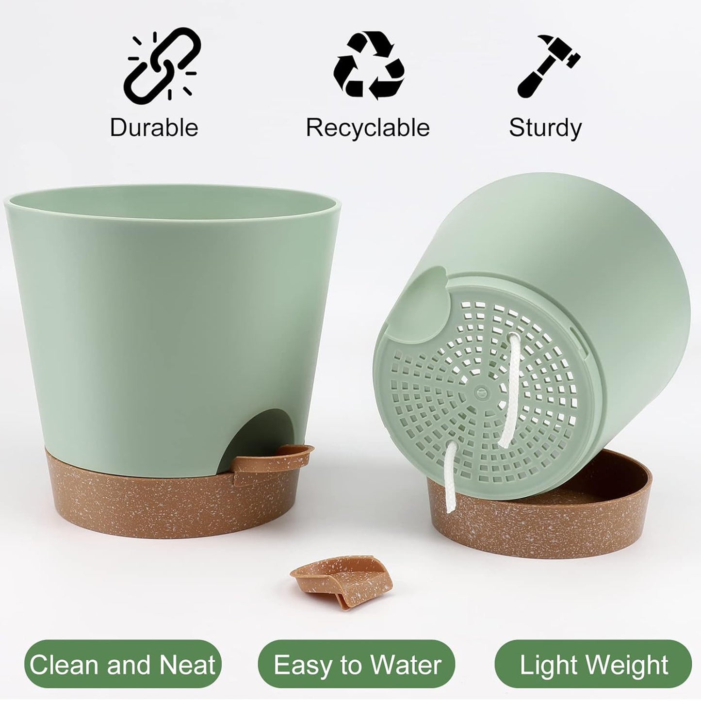 West Bay 6-Pack Self Watering Planters, Indoor Outdoor large flower pot plant pots with Drainage Holes and Saucers, 8, 7, 6.5, 6, 5.5, 5 Inches, Green