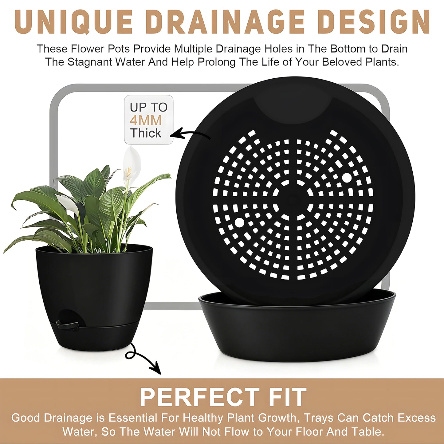 West Bay 12" 10" 9" Large Self Watering Plant Pots, 3 Pack Flower Pots Planters with Multi Mesh Drainage Holes for Indoor Outdoor Garden Plants and Flowers (All BLACK)