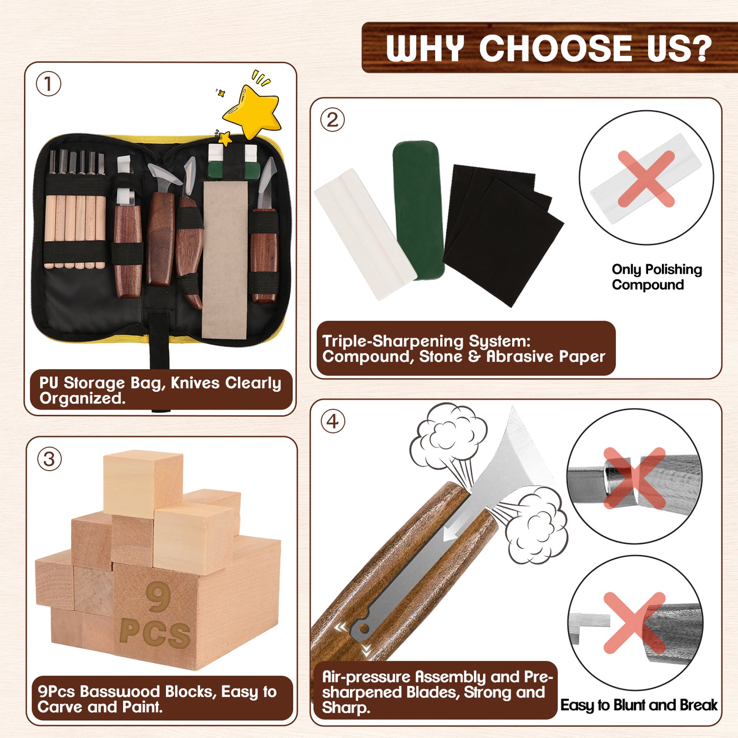West Bay Wood Carving Kit, 27 Pcs Wood Carving Tools - Complete Whittling Kit with 9 Basswood Blocks 10 Carving Knives, DIY Hobbies for Adults Gifts for Men Women