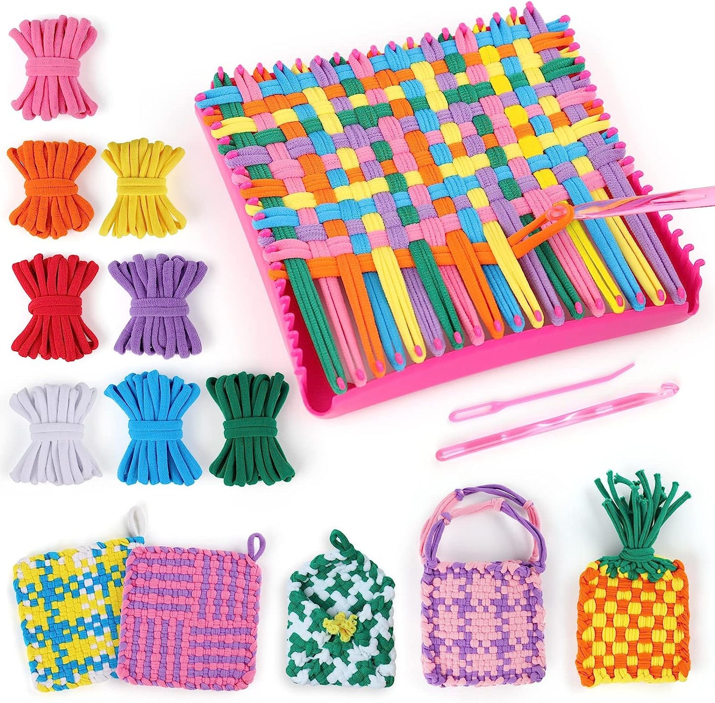 CandWuom Weaving Loom Kit Toys for Kids, Potholder Loops Crafts for Girls Ages 6 7 8 9 10 11 12, 7" Pot Holder Loom Knitting Kits and Gifts for Kids and Beginners