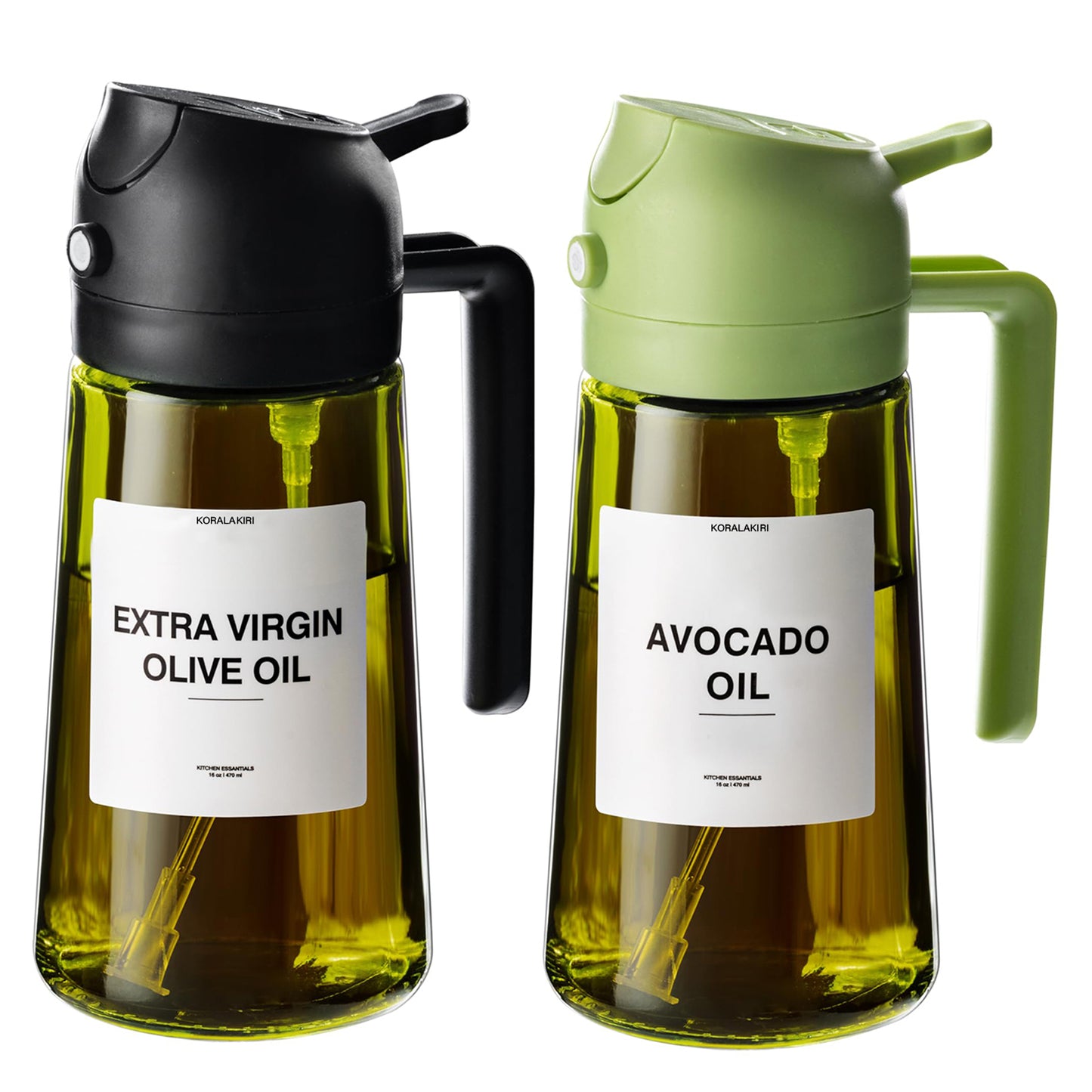 KORALAKIRI Oil Dispenser, 2 in 1 Oil Sprayer for Cooking, 16oz/470ml Glass Food-grade Olive Oil Spray Bottle Mister with Pourer for Kitchen, Salad, Frying, BBQ (Black & Green)