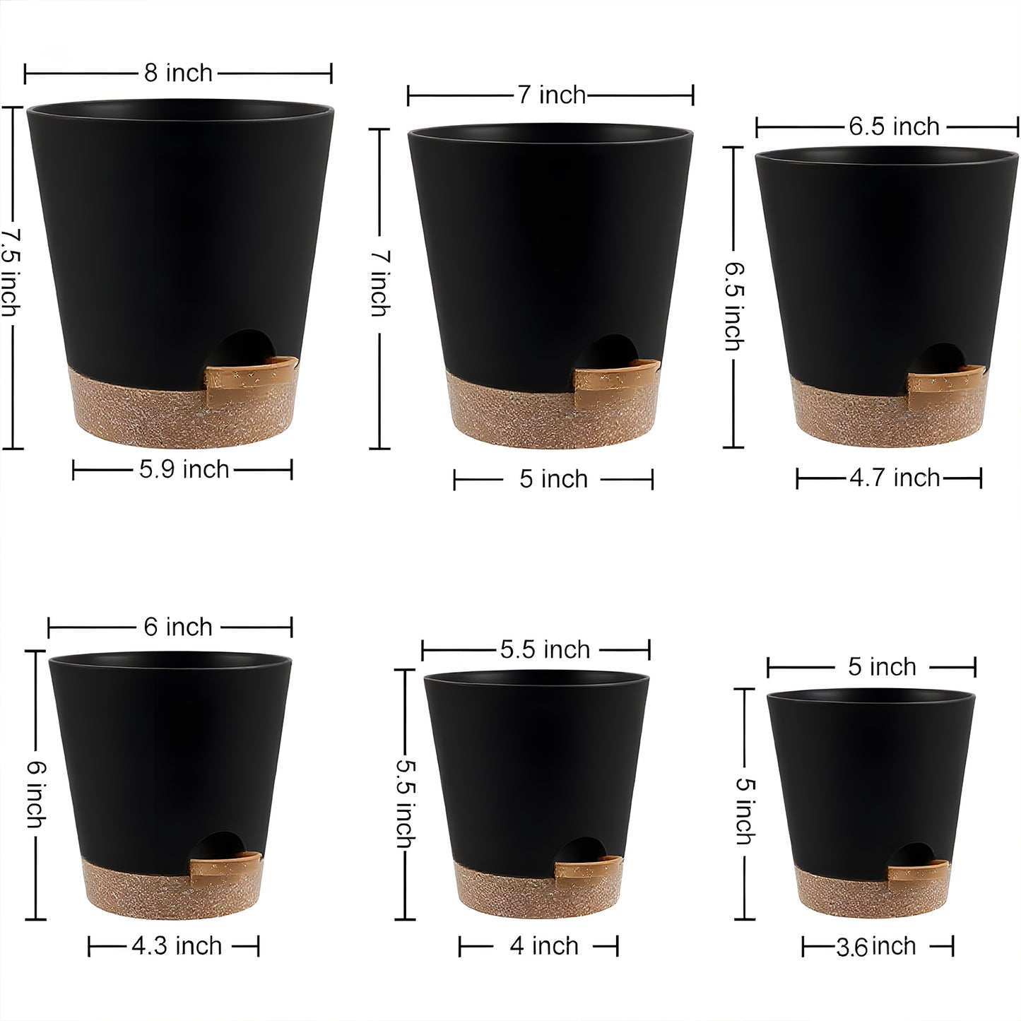 West Bay 6-Pack Self Watering Planters, Indoor Outdoor large flower pot plant pots with Drainage Holes and Saucers, 8, 7, 6.5, 6, 5.5, 5 Inches, Black