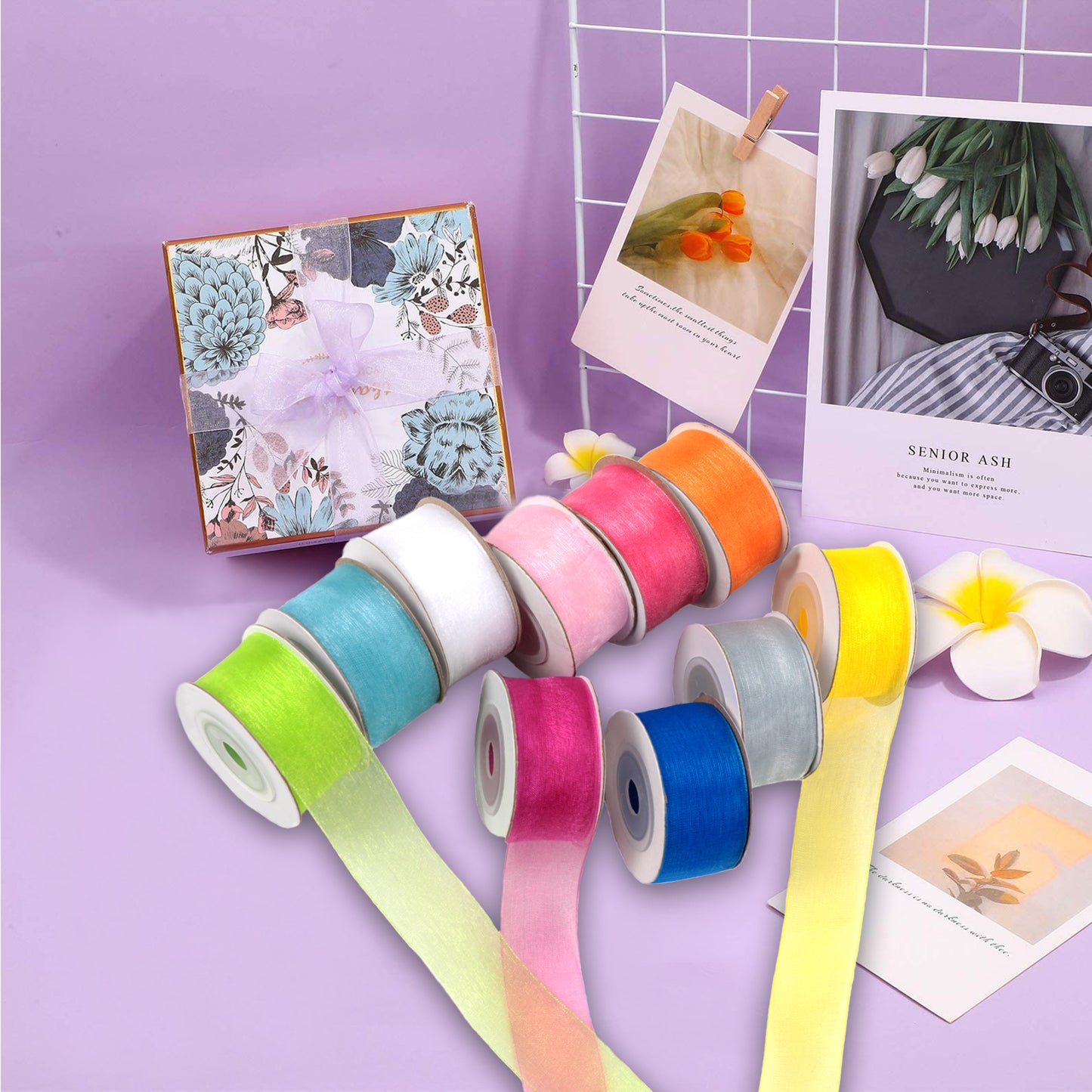 West Bay 10 Pack Organza Sheer Ribbon 1" x 100 Yd Ribbon for Crafts Gift Wrapping Double Faced Silk Pink Blue Ribbons
