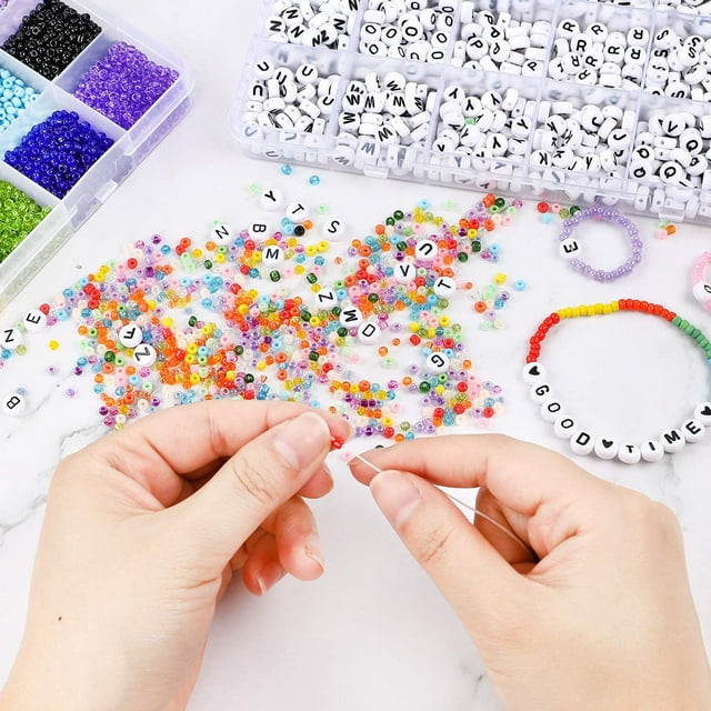 10800pcs 3mm 8/0 Glass Seed Beads and 1440pcs Acrylic Alphabet Beads for Bracelets Making Kit, Craft Gifts for Girls Ages 6-12