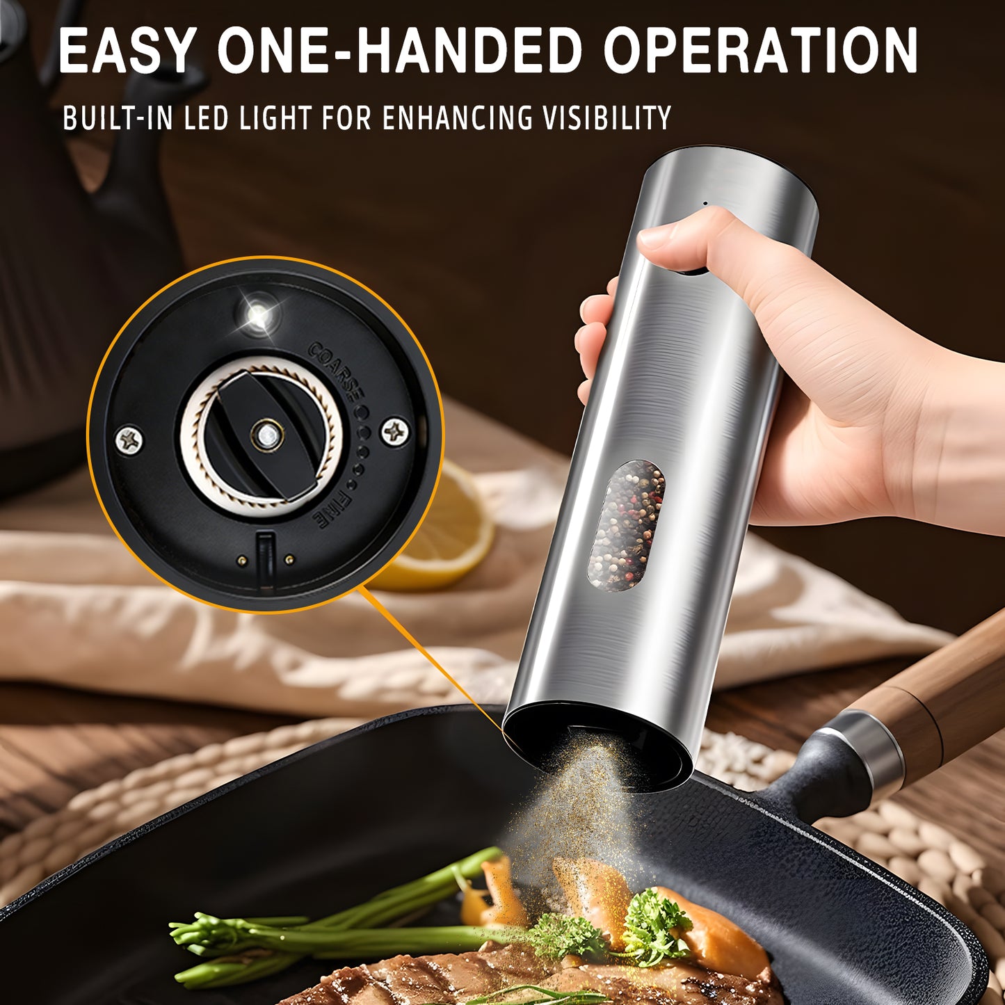 KORALAKIRI Electric Salt and Pepper Shakers Grinder Set with Rechargeable Base, Refillable Automatic Pepper Mill with LED Light & Adjustable Coarseness for Kitchen, Outdoor, BBQ & Gift Giving