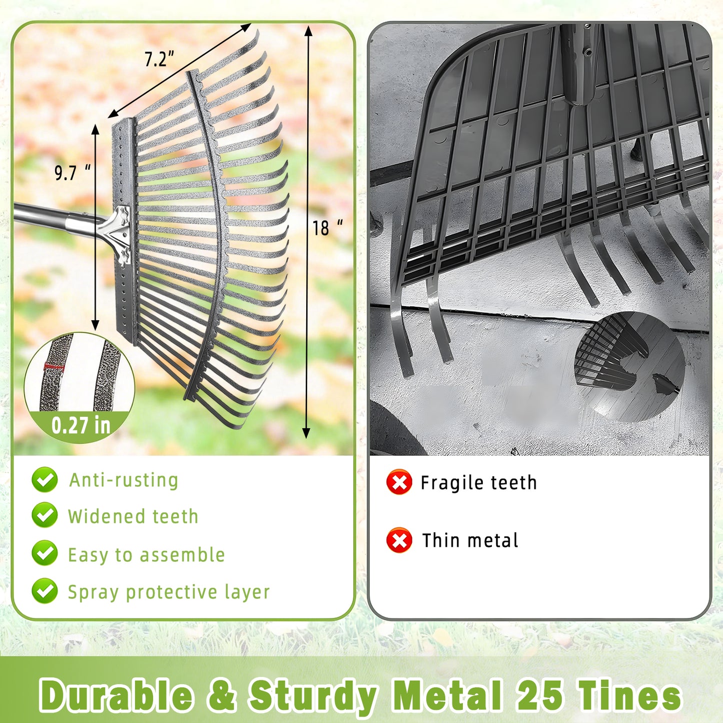 West Bay 56" Rake for Leaves, 25 Tines Heavy Duty Adjustable Metal Rake Set with Leaf Scoops & Collector Bag, 3-in-1 Leaf Collection Tool for Lawns,Grass, Shrubs, Flower Beds