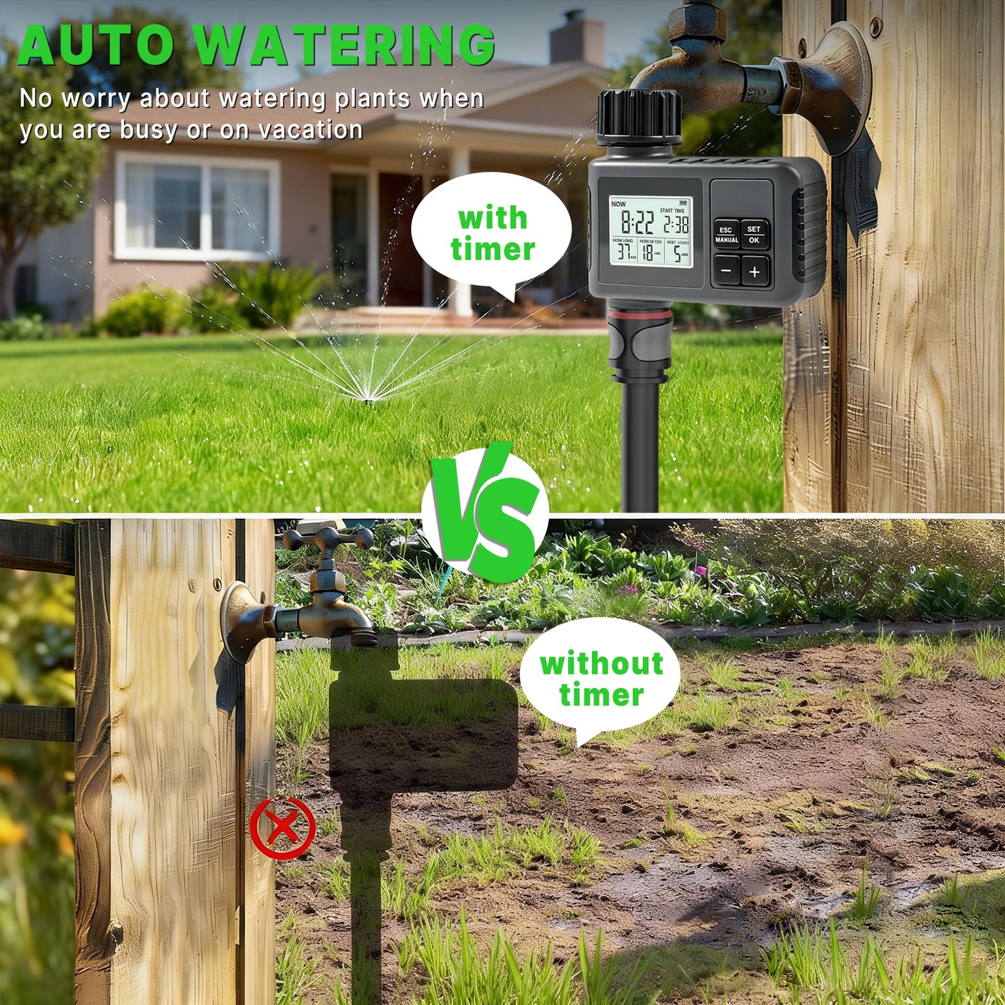 KORALAKIRI Sprinkler Timer, Programmable Water Timer for Garden Hose, Outdoor Soaker Hose Timed with Rain Delay Manual Automatic Watering System, Digital Irrigation for Yard, Lawn, 1 Outlet