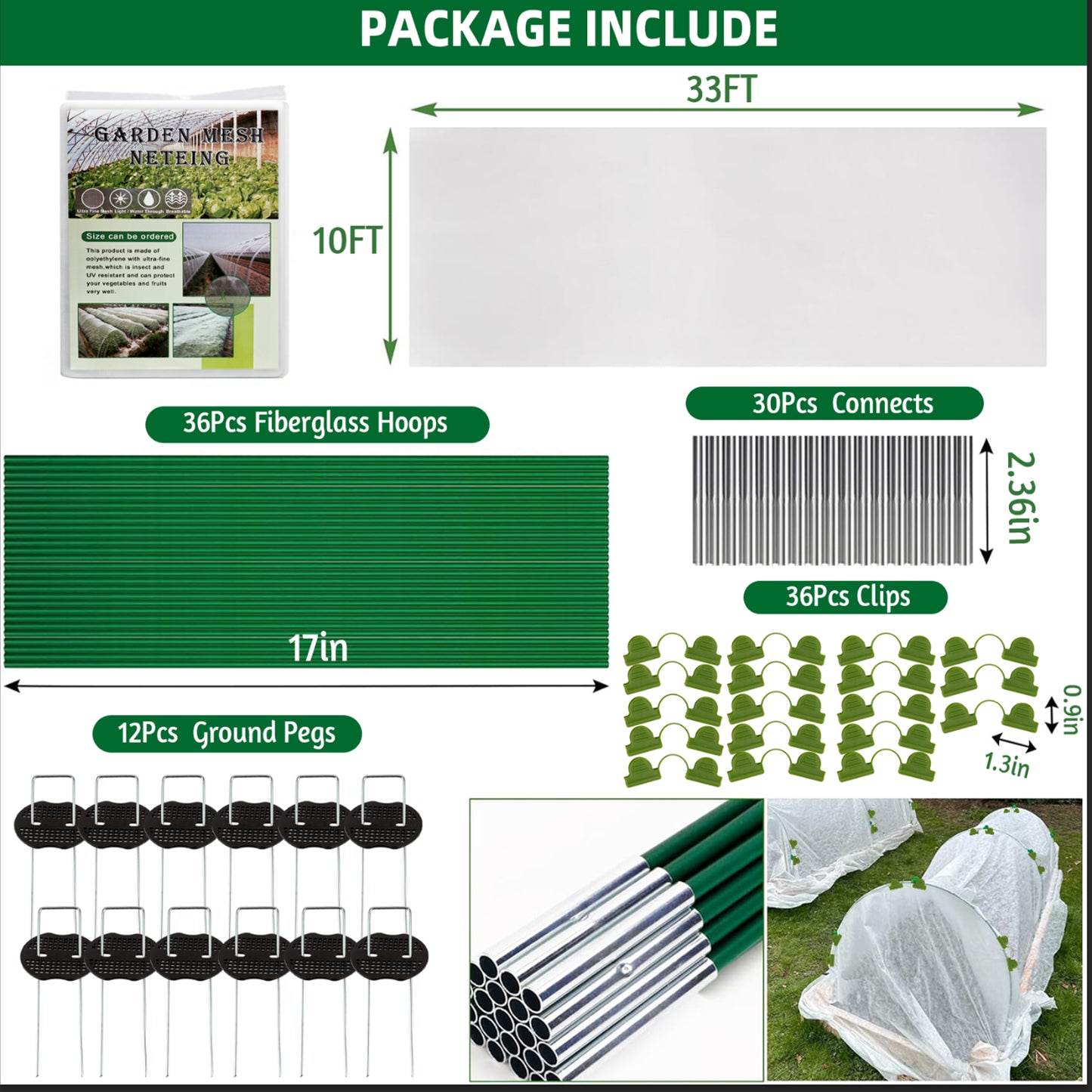 KORALAKIRI Garden Netting Kit, 10x33FT Ultra Fine Mesh Netting, 6 Sets of Fiberglass Garden Hoops for Raised Beds, Vegetable Plants Fruits Tree Flowers Birds Animals Barrier
