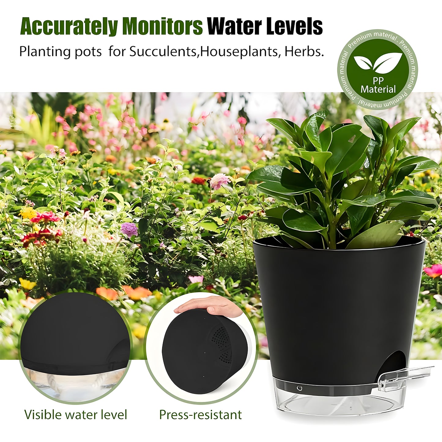 West Bay 7-Pack Self Watering Pots for Indoor Plant, Flower Pot with Drainage Holes and Clear Saucers, 4/5/5.5/6/6.5/7/8 Inch, Black