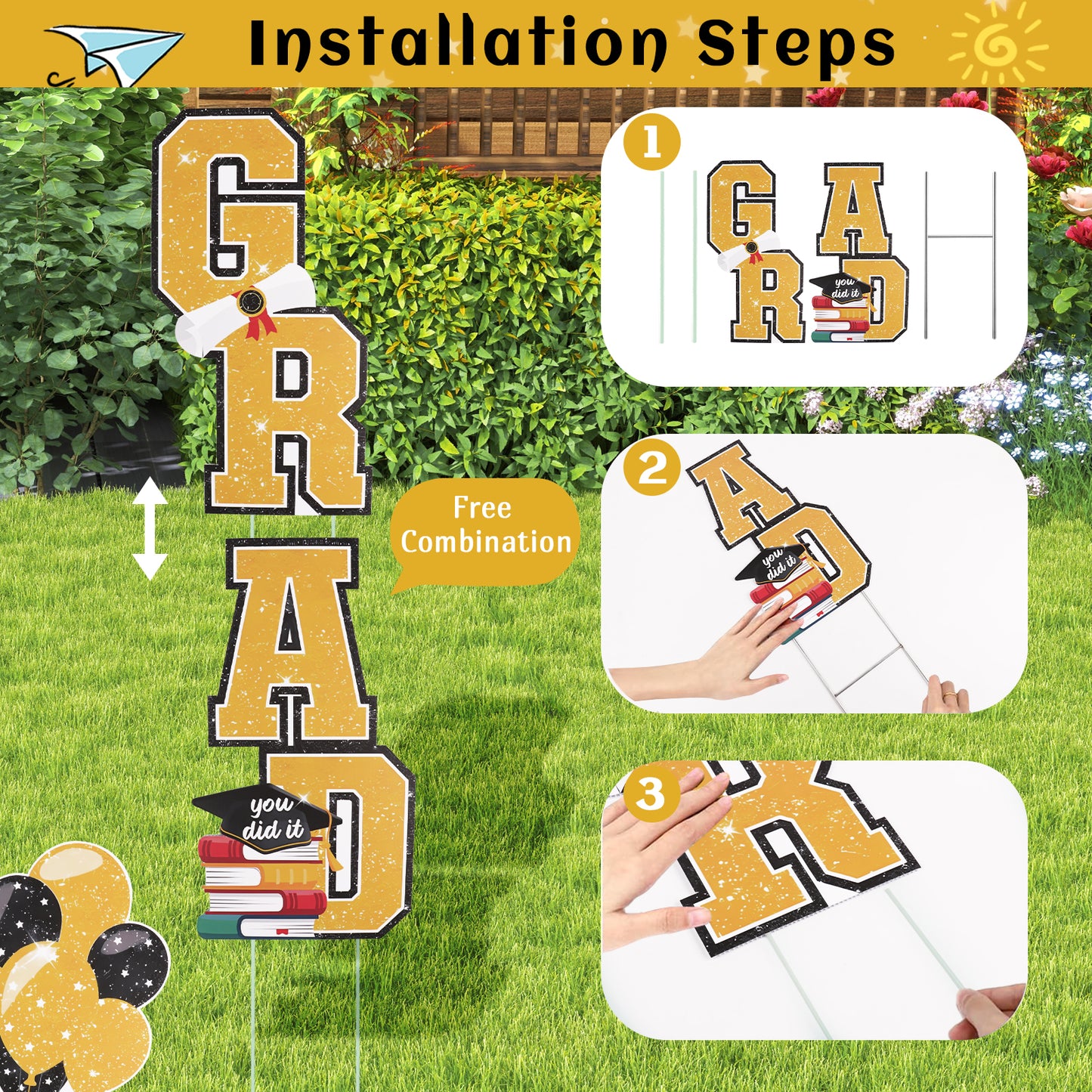 KORALAKIRI Graduation Yard Sign Decorations, 22 Pcs Black & Gold Congrats Grad of Class 2026 with Metal Stakes for Graduation Party Decoration Supplies